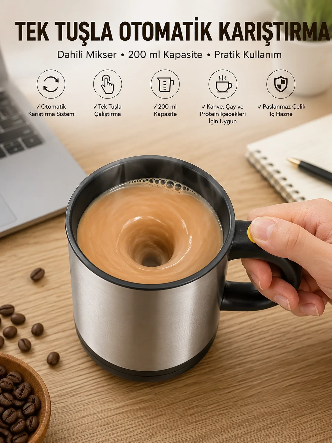 İthalat® Mikser Kupa Yazılı Mug Bardak Karıştırma Özelliği