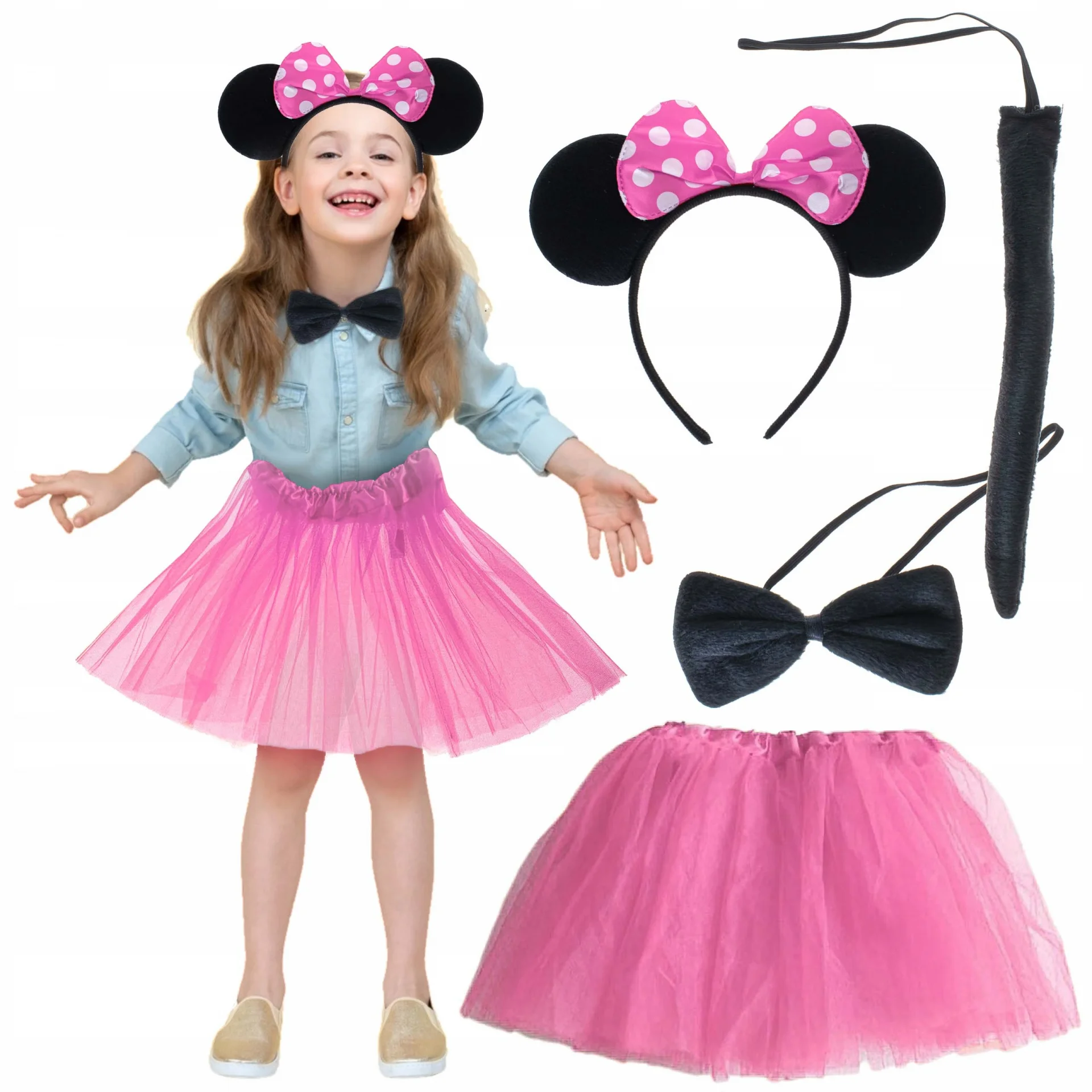 İthalat® Minnie Kostüm Seti (Pembe Tütü Etek + Pembe Taç + Papyon + Kuyruk)