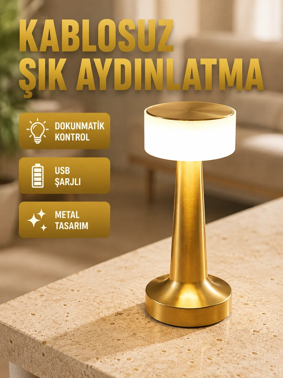 İthalat® Modern USB'li Kablosuz Masa Lambası – Minimalist Tasarım, 3 Farklı Parlaklık Yeni Nesil