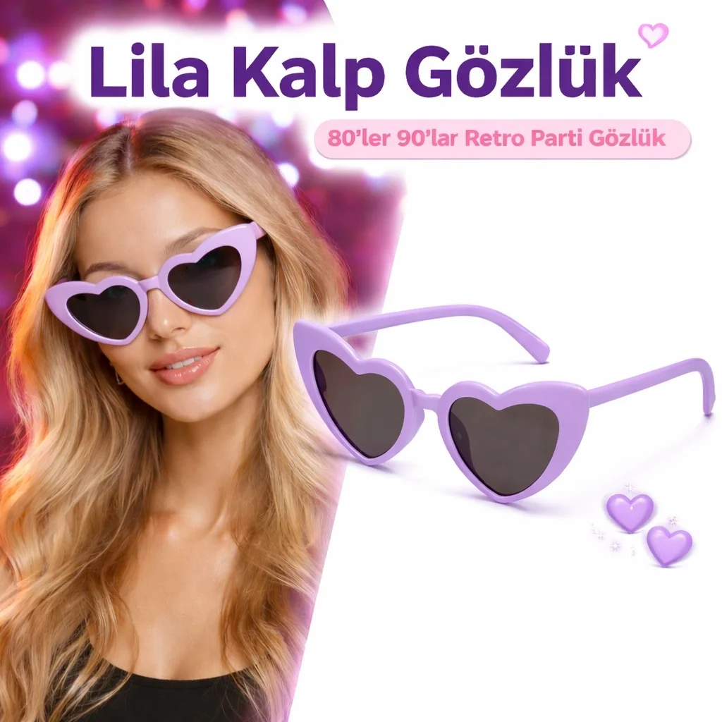 İthalat® Mor Lila Retro Kalp Gözlük – 80’ler 90’lar Stil Parti Gözlüğü
