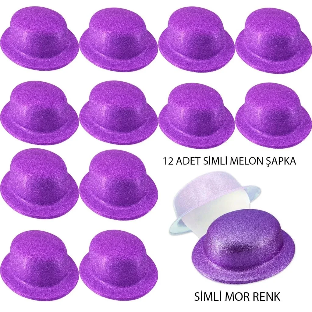 İthalat® Mor Renk Simli Melon Yuvarlak Parti Şapkası 12 Adet