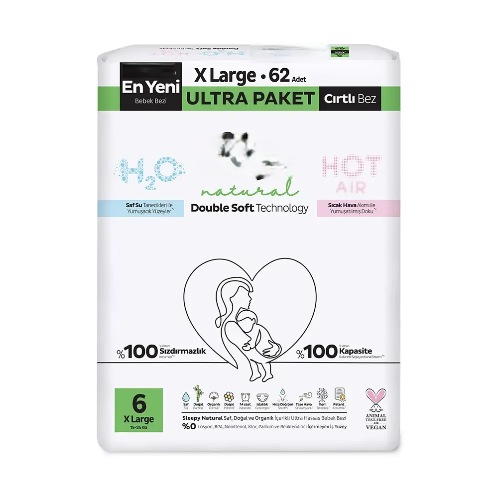 İthalat® Natural Double Soft Bebek Bezi Ultra Paket 6 Beden 62 Adet