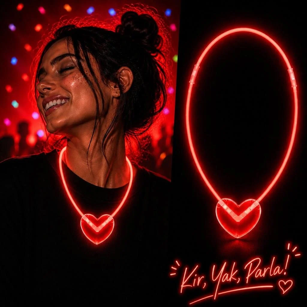 İthalat® Neon Işıklı Fosforlu Kalp Parti Kolyesi Kırmızı Renk