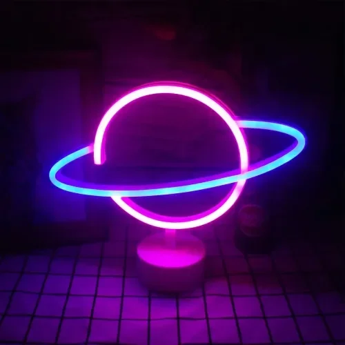 İthalat® Neon Işıklı Satürn Lamba (Pil + USB)
