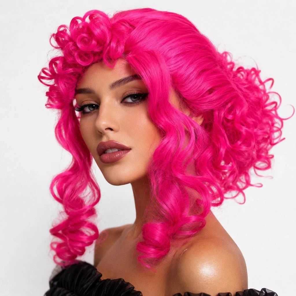 İthalat® Neon Pembe Bukleli Kıvırcık Cosplay Peruğu - İçi Astarlı