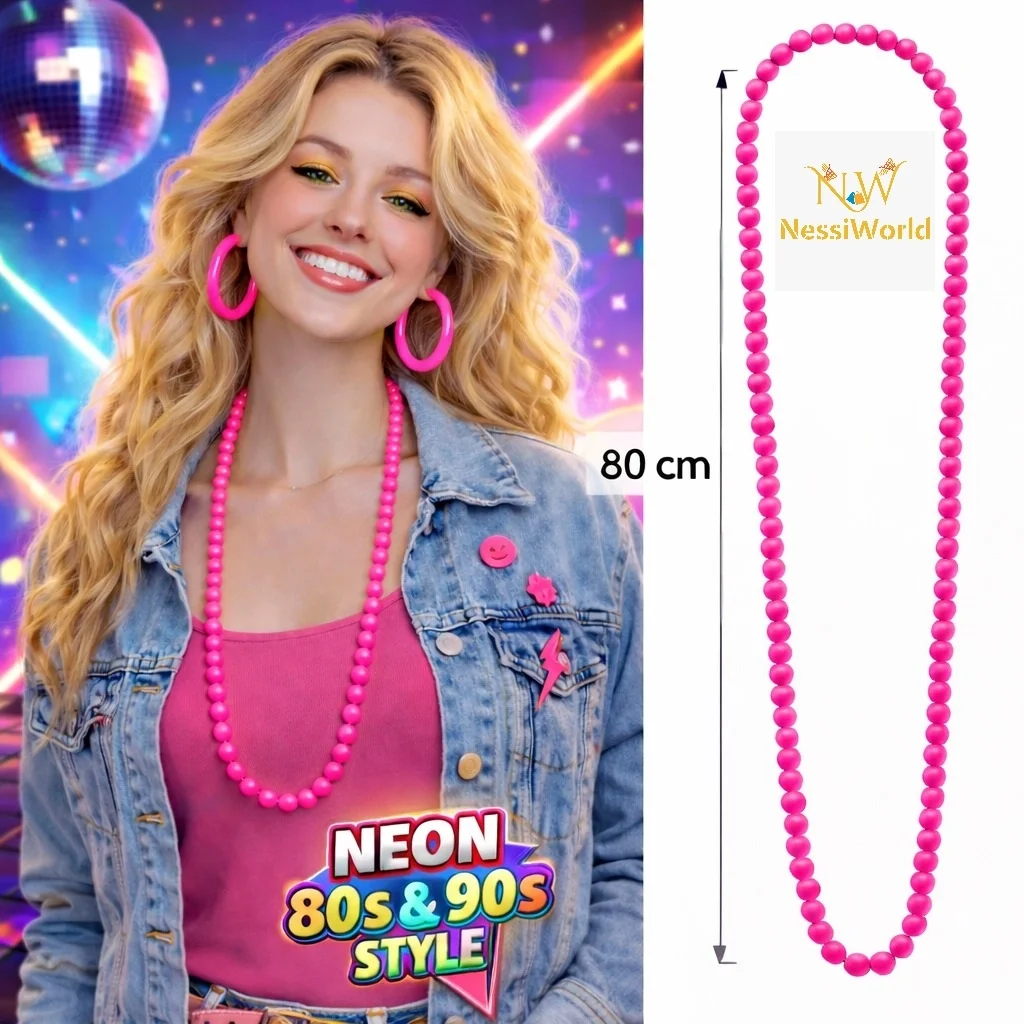 İthalat® Neon Pembe Boncuk Kolye 80 cm – Retro 80’ler 90’lar Parti Aksesuarı