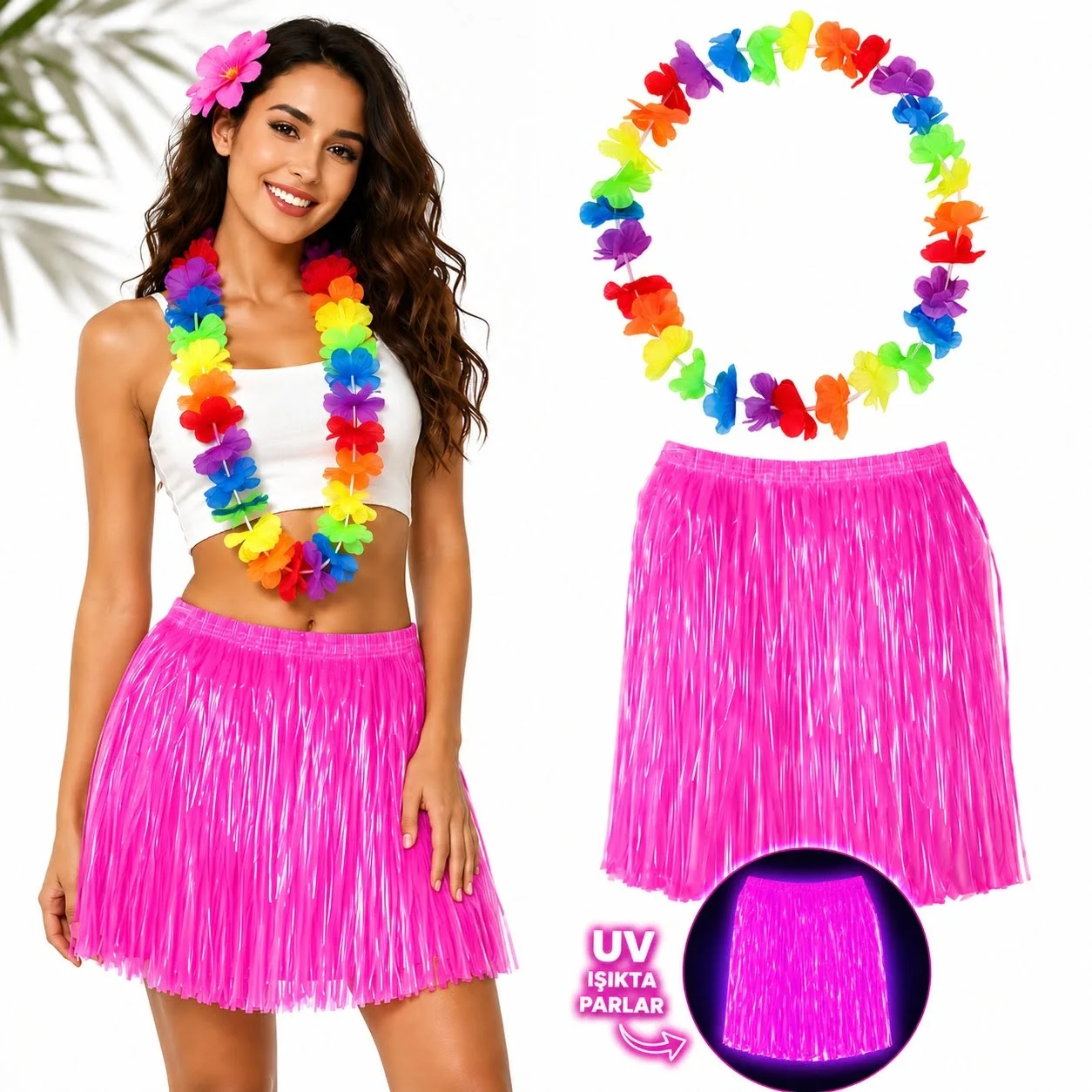 İthalat® Neon Pembe Hawaii Etek 40 cm ve Rengarenk Hawaii Kolye