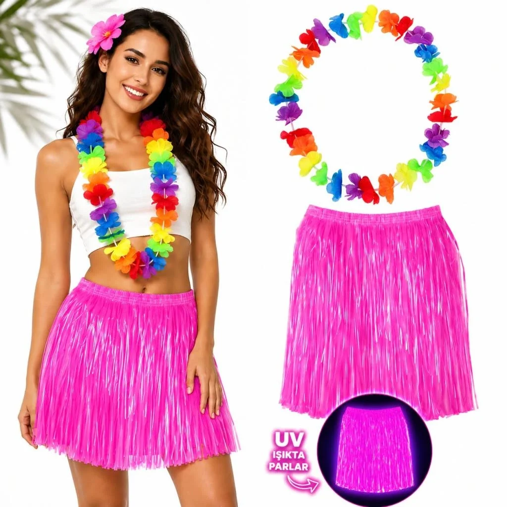 İthalat® Neon Pembe Hawaii Etek 40 cm ve Rengarenk Hawaii Kolye
