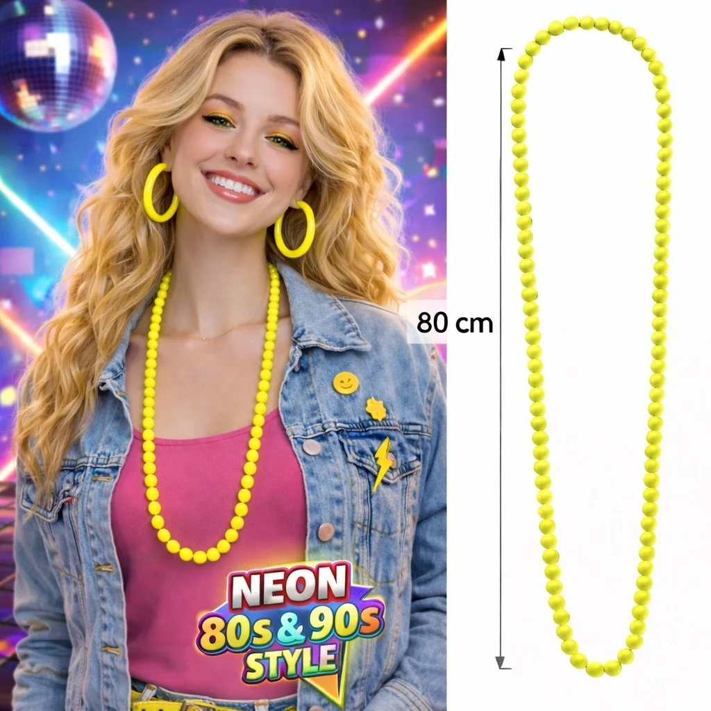 İthalat® Neon Sarı Boncuk Kolye 80 cm – Retro 80’ler 90’lar Parti Aksesuarı