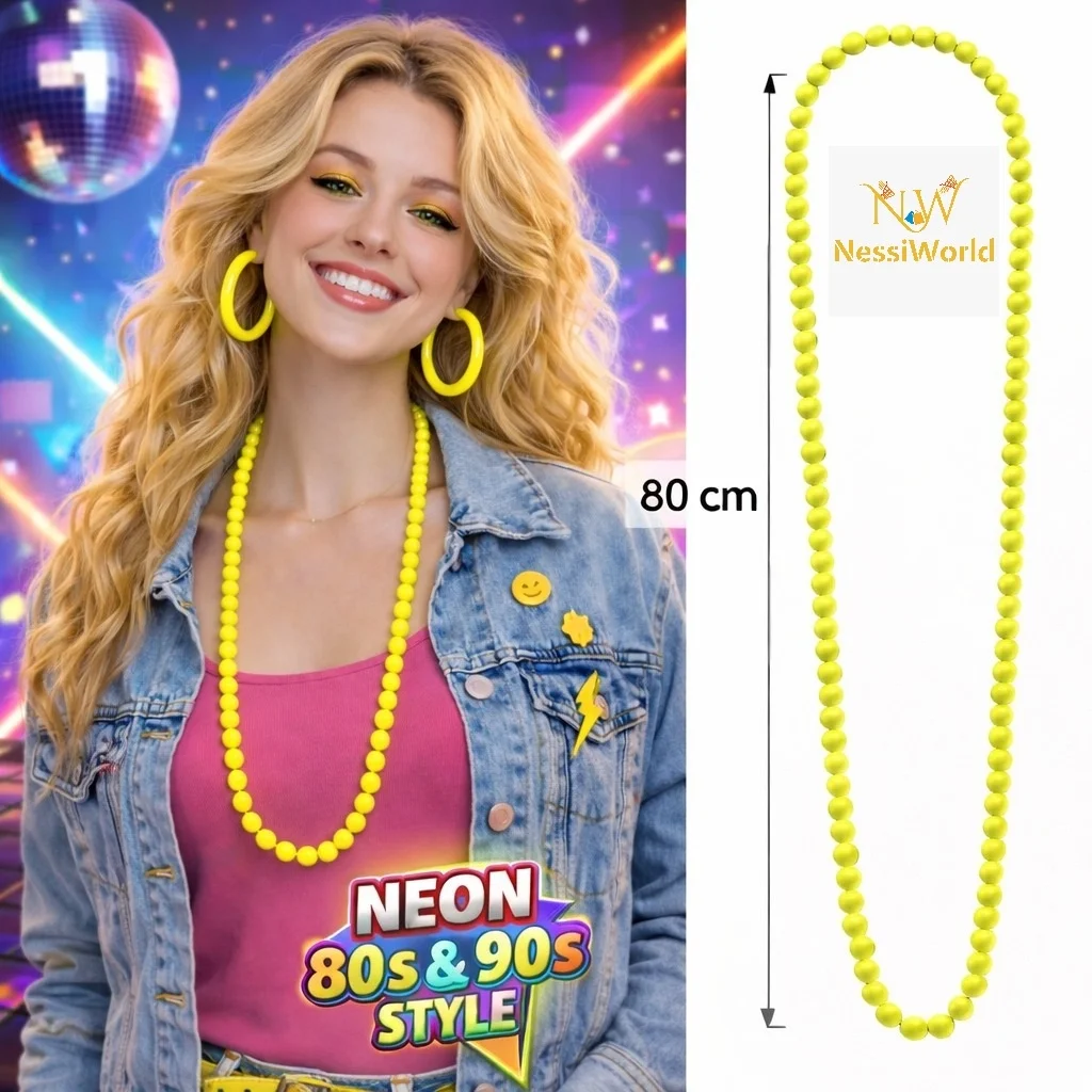 İthalat® Neon Sarı Boncuk Kolye 80 cm – Retro 80’ler 90’lar Parti Aksesuarı