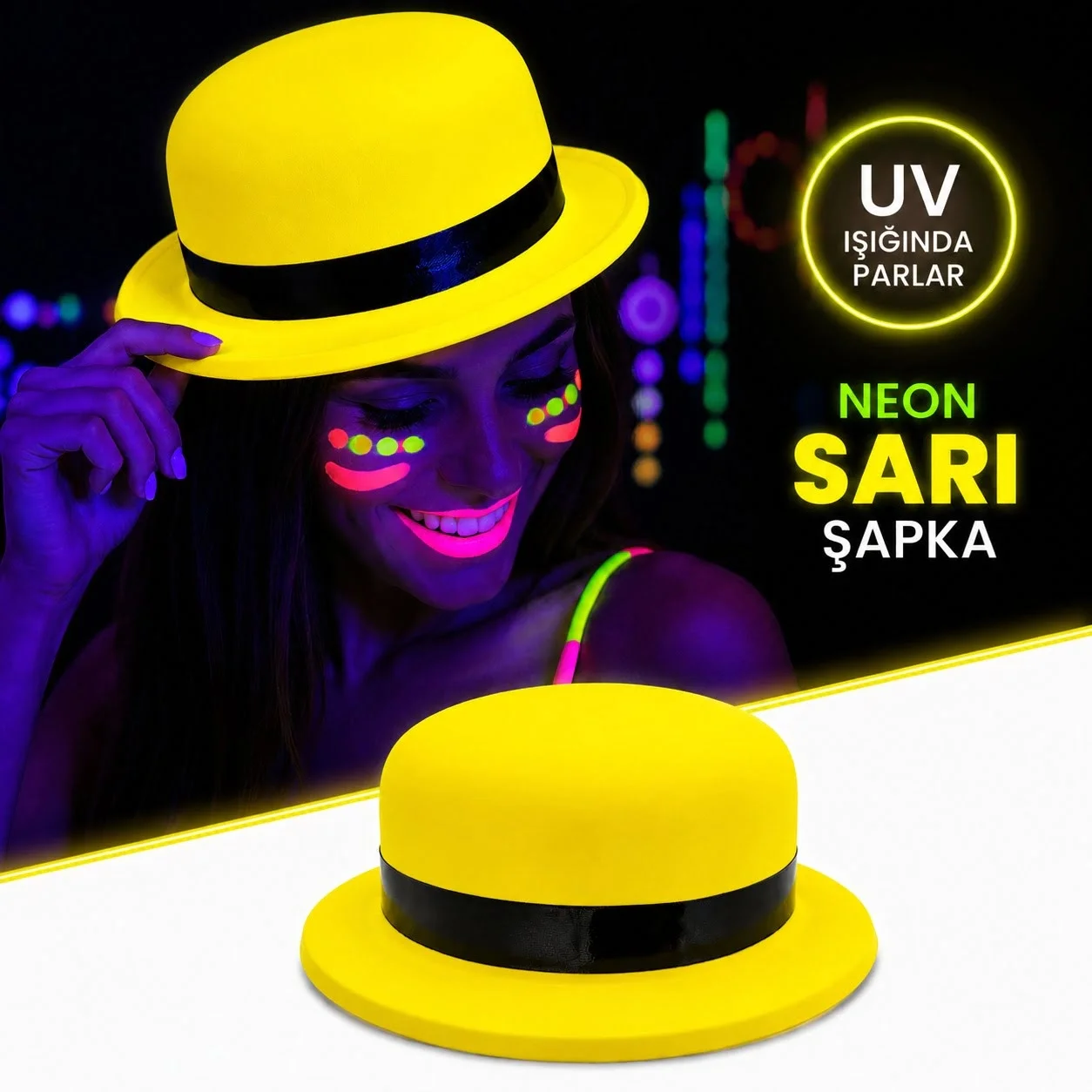 İthalat® Neon Sarı UV Parti Şapkası Plastik