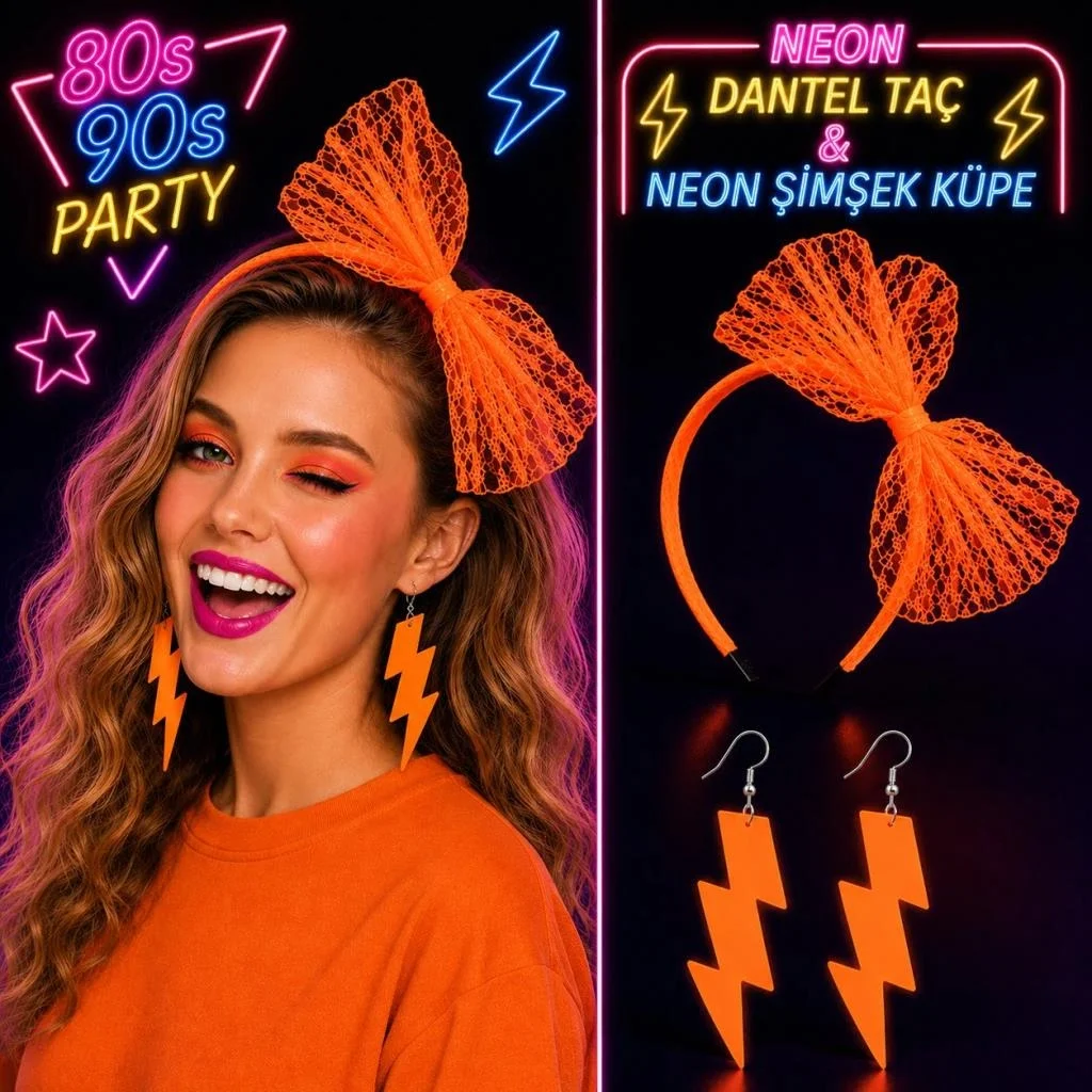 İthalat® Neon Turuncu Dantel Taç ve Şimşek Küpe 80&amp;#39;ler 90&amp;#39;lar Parti Seti