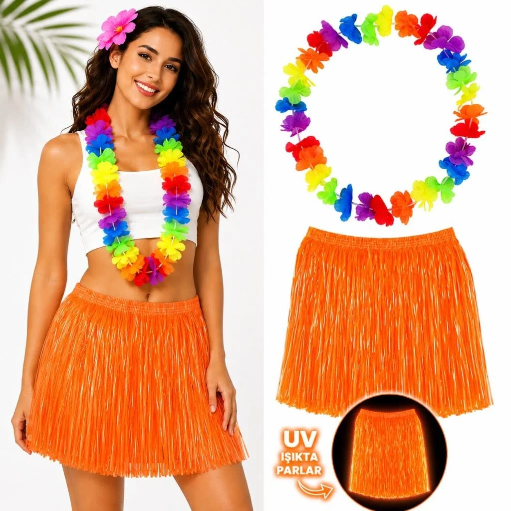 İthalat® Neon Turuncu Hawaii Etek 40 cm ve Rengarenk Hawaii Kolye