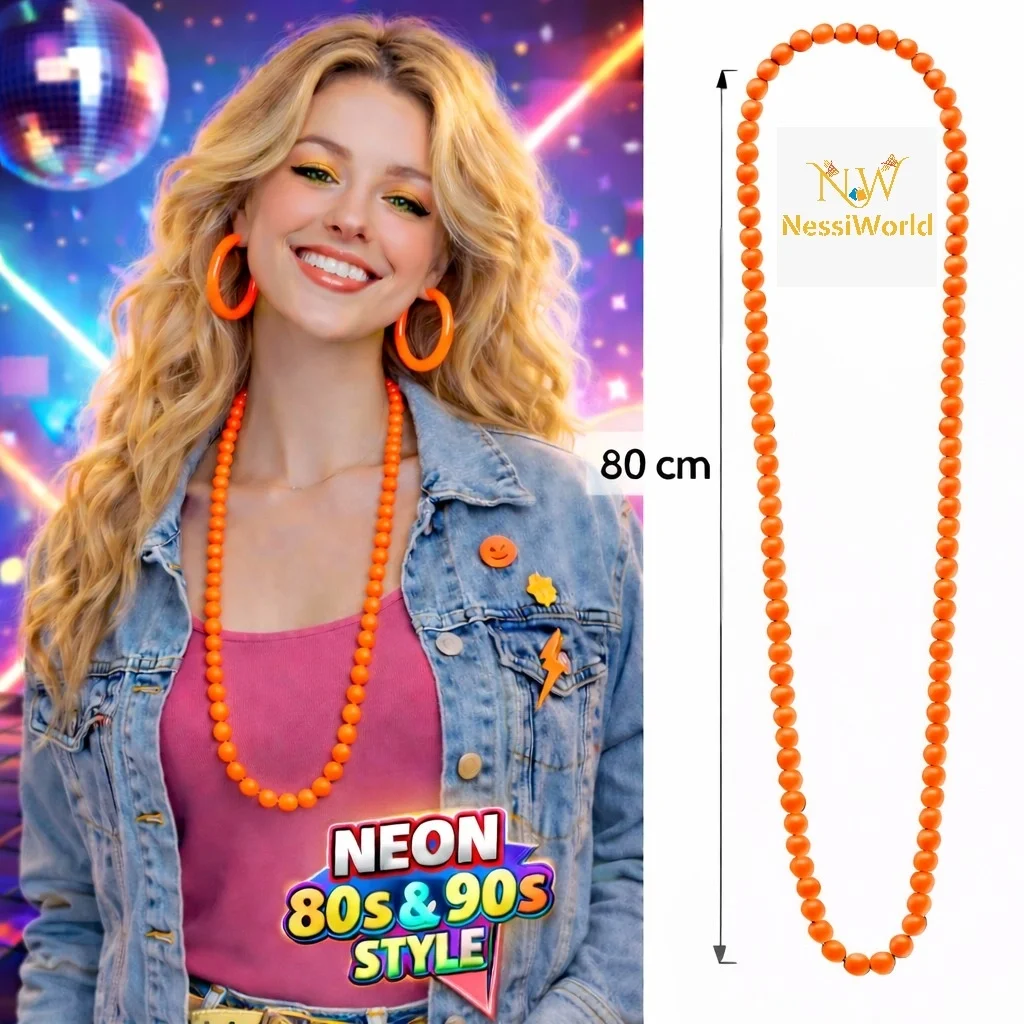 İthalat® Neon Turuncu Boncuk Kolye 80 cm – Retro 80’ler 90’lar Parti Aksesuarı