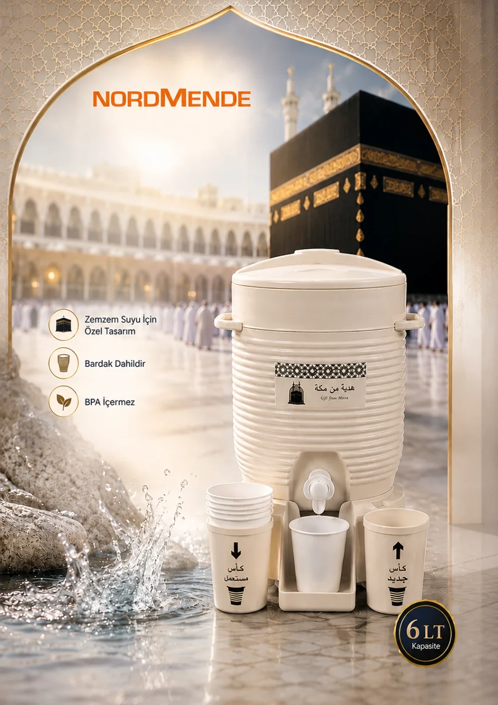 İthalat® Nordmende Zemzem Su Sebili 6 LT | Kabe Temalı Zemzemlik | Bardaklıklı Hac Umre Hediyelik Sebil