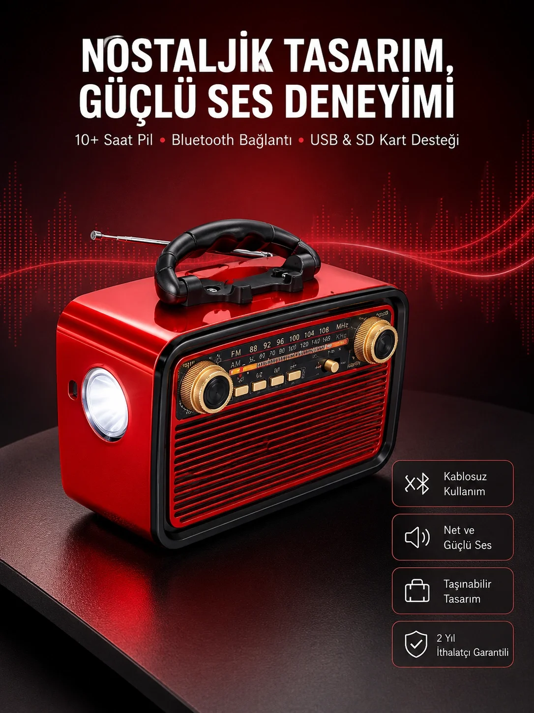 İthalat® Nostaljik Görünümlü Ahşap Radyo TF SD USB Girişli Led Fener Işıklı