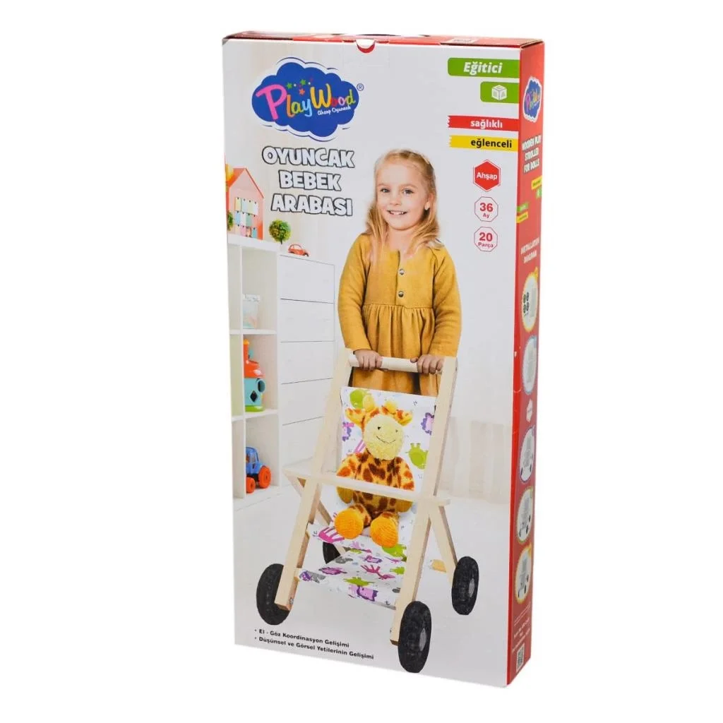 İthalat® ONY-386 Ahşap Oyuncak Bebek Arabası -Onyıl