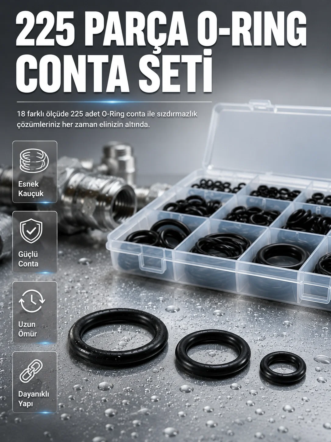 İthalat® Organizer Kutulu O-Ring Conta Seti 225 Parça | Dayanıklı Kauçuk Sızdırmazlık Contaları