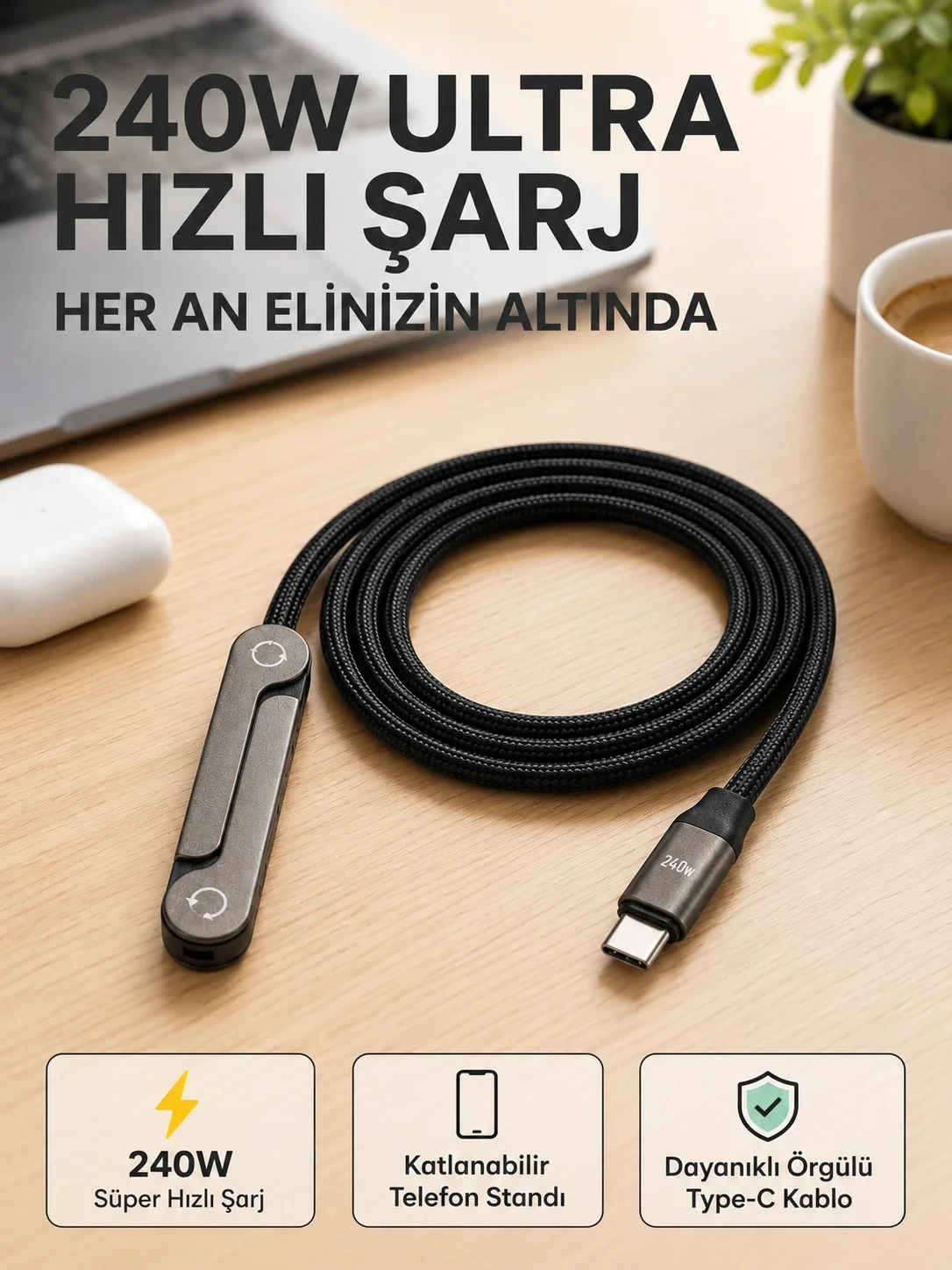 İthalat® Örgülü 240W Type-C Katlanabilir Telefon Standlı Şarj Kablosu
