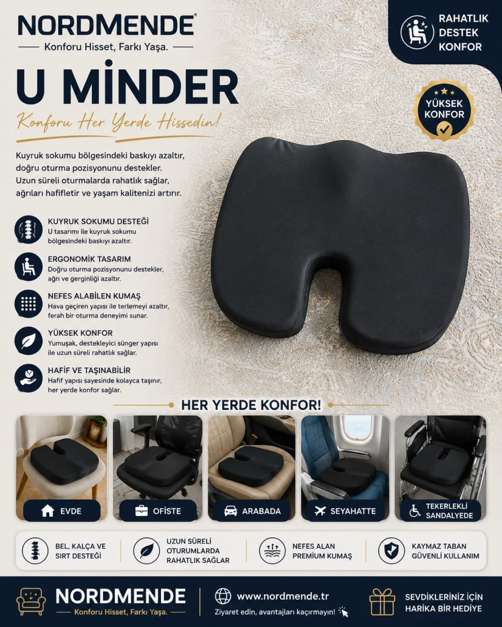 İthalat® Ortopedik Oturma Minderi Hemoroid Kuyruk Sokumu Destekli Sünger Minder Siyah İthalat® Ortopedik Oturma Minderi Hemoroid Kuyruk Sokumu Destekli Sünger Minder Siyah