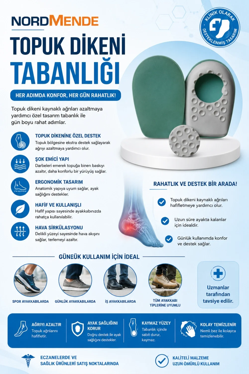 İthalat® Ortopedik Topuk Dikeni Tabanlığı – Yumuşak Sünger Destekli Şok Emici Ayakkabı İçi Tabanlık