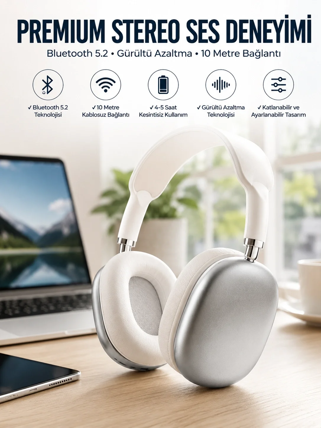 İthalat® P9 Plus Kablosuz Kulak Üstü Bluetooth Kulaklık Beyaz Yüksek Ses Kaliteli