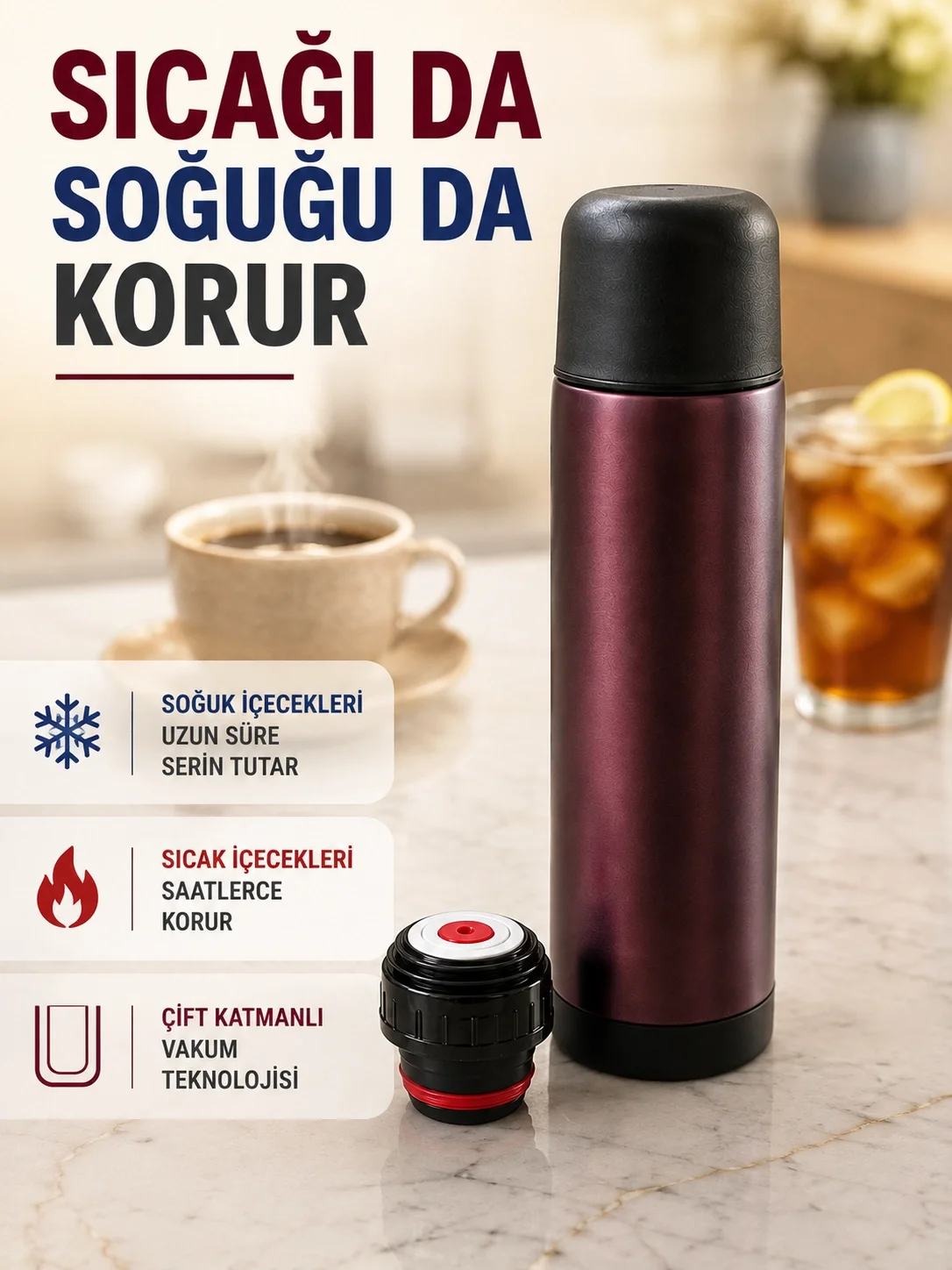 İthalat® Paslanmaz Çelik Vakumlu Termos Sıcak ve Soğuk İçecek Termosu