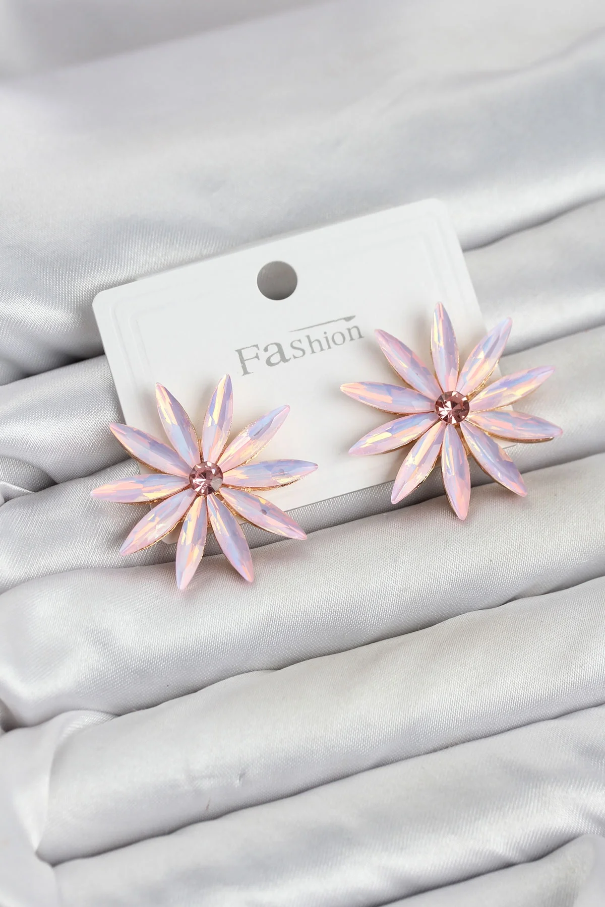 İthalat® Pembe Kristal Taşlı Lotus Model Kadın Küpe