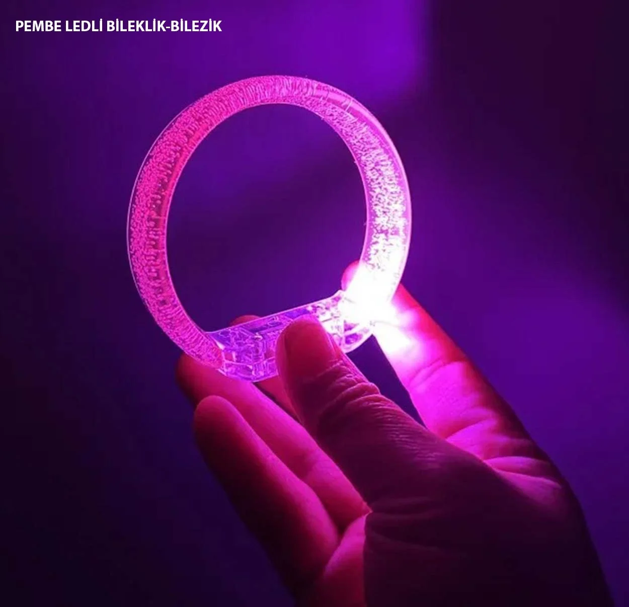 İthalat® Pembe Led Işıklı Baskı Yapılabilen Pilli Bileklik Bilezik 1,5 cm Genişlik