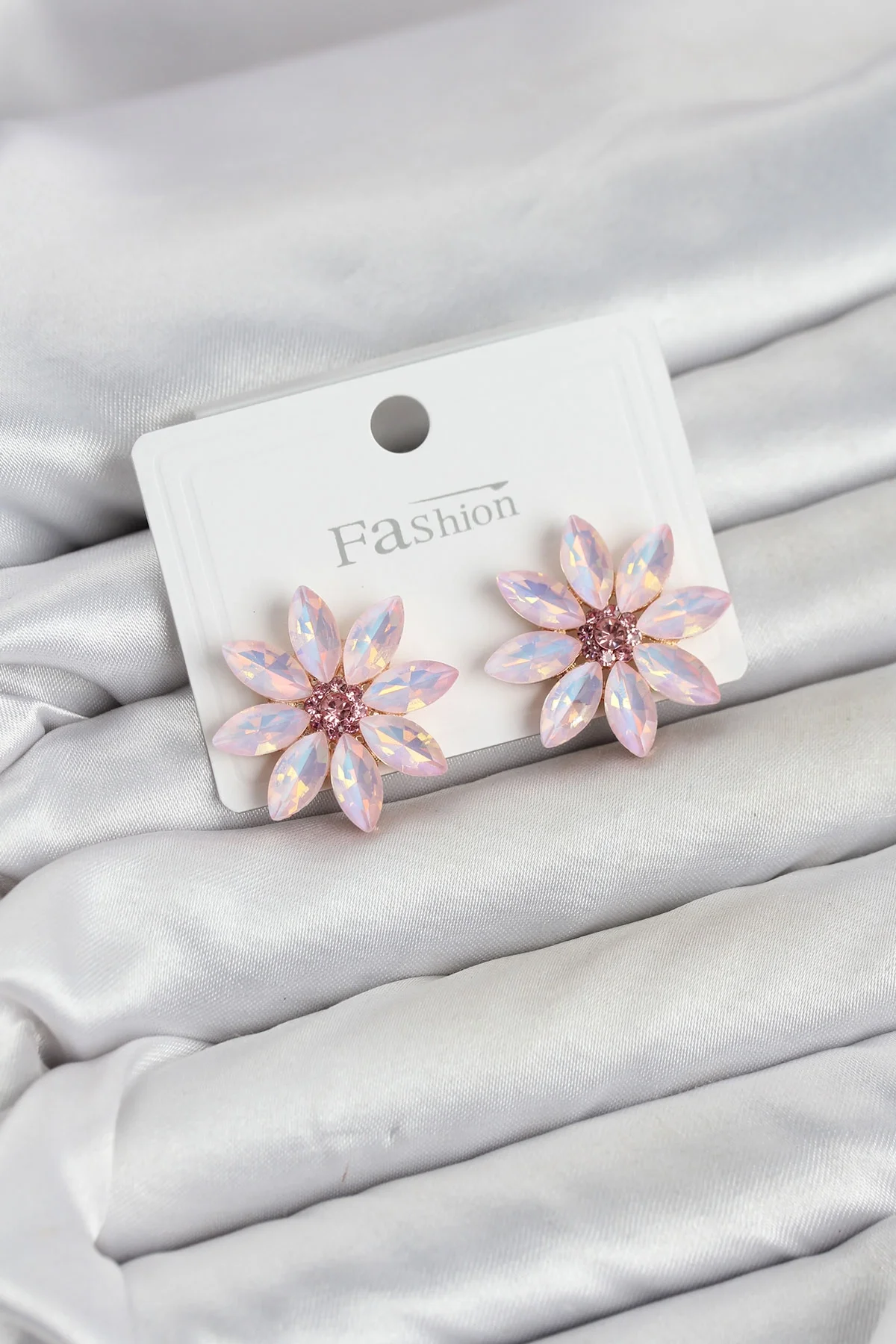 İthalat® Pembe Renk Kristal Taşlı Lotus Çiçek Model Kadın Küpe