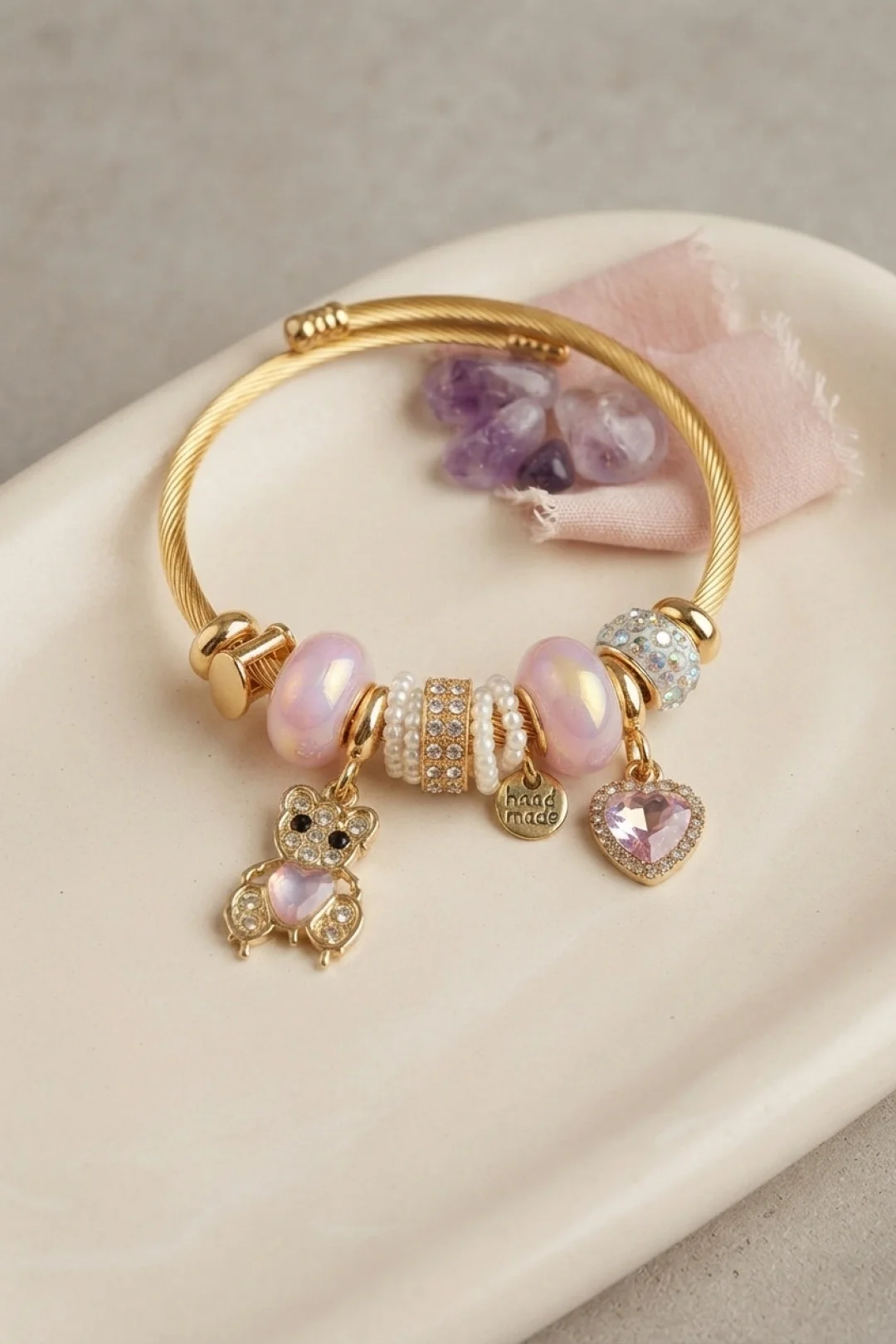 İthalat® Pembe Renk Teddy Bear Model Gold Charmlı Bileklik