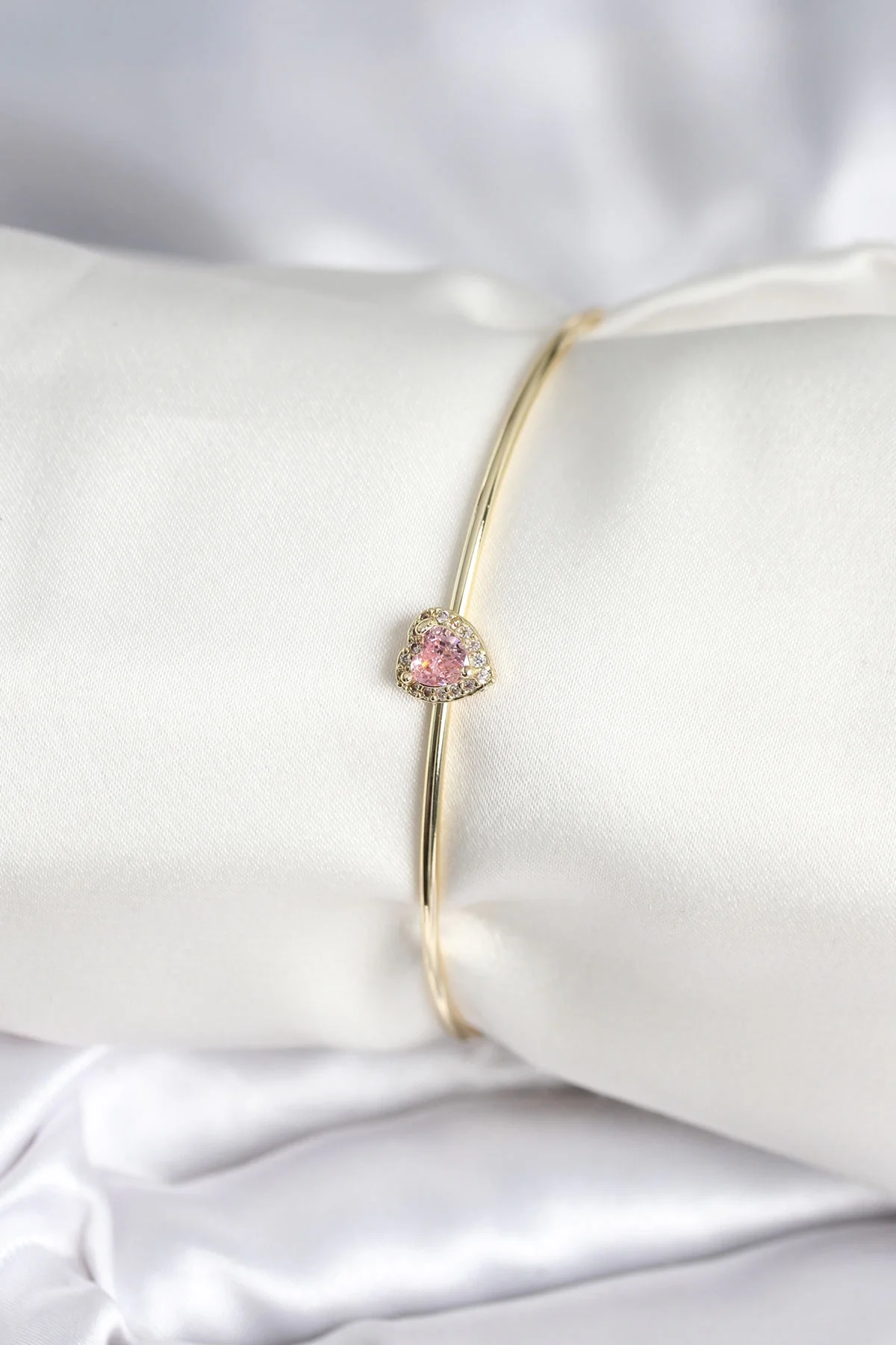 İthalat® Pembe Zirkon Taşlı Kalp Model Gold Renk Kadın Bileklik