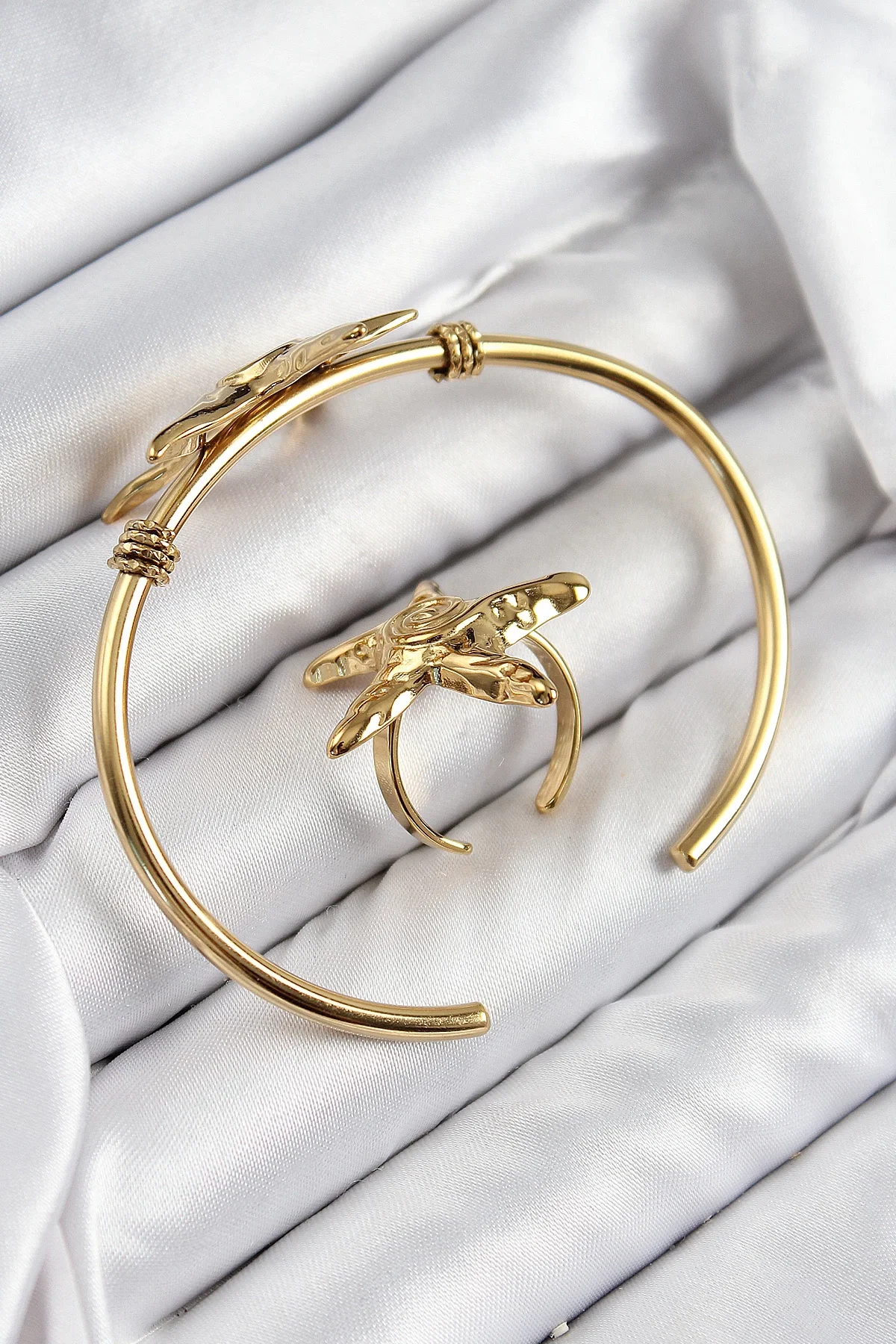 İthalat® Pirinç Deniz Yıldızı Model Gold Renk Bileklik Yüzük Set