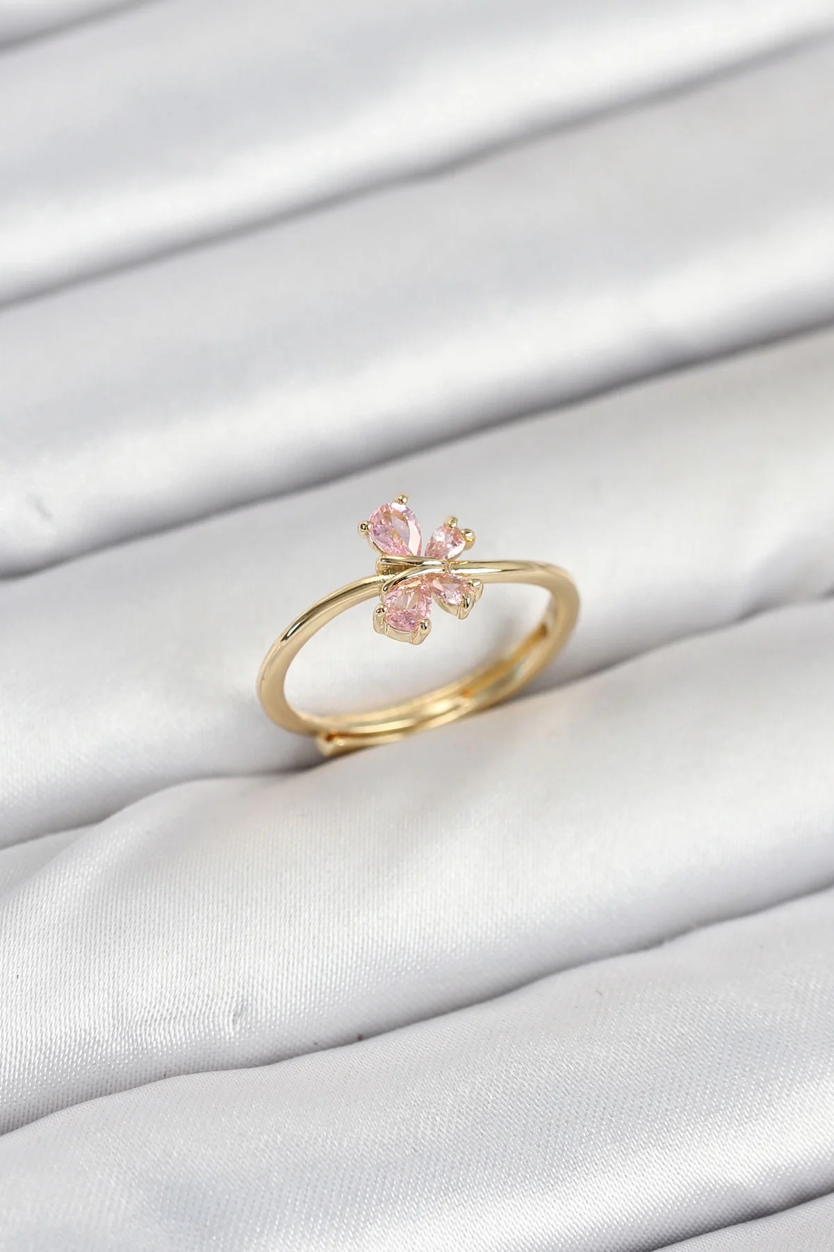 İthalat® Pirinç Gold Renk Pembe Kelebek Kadın Yüzük