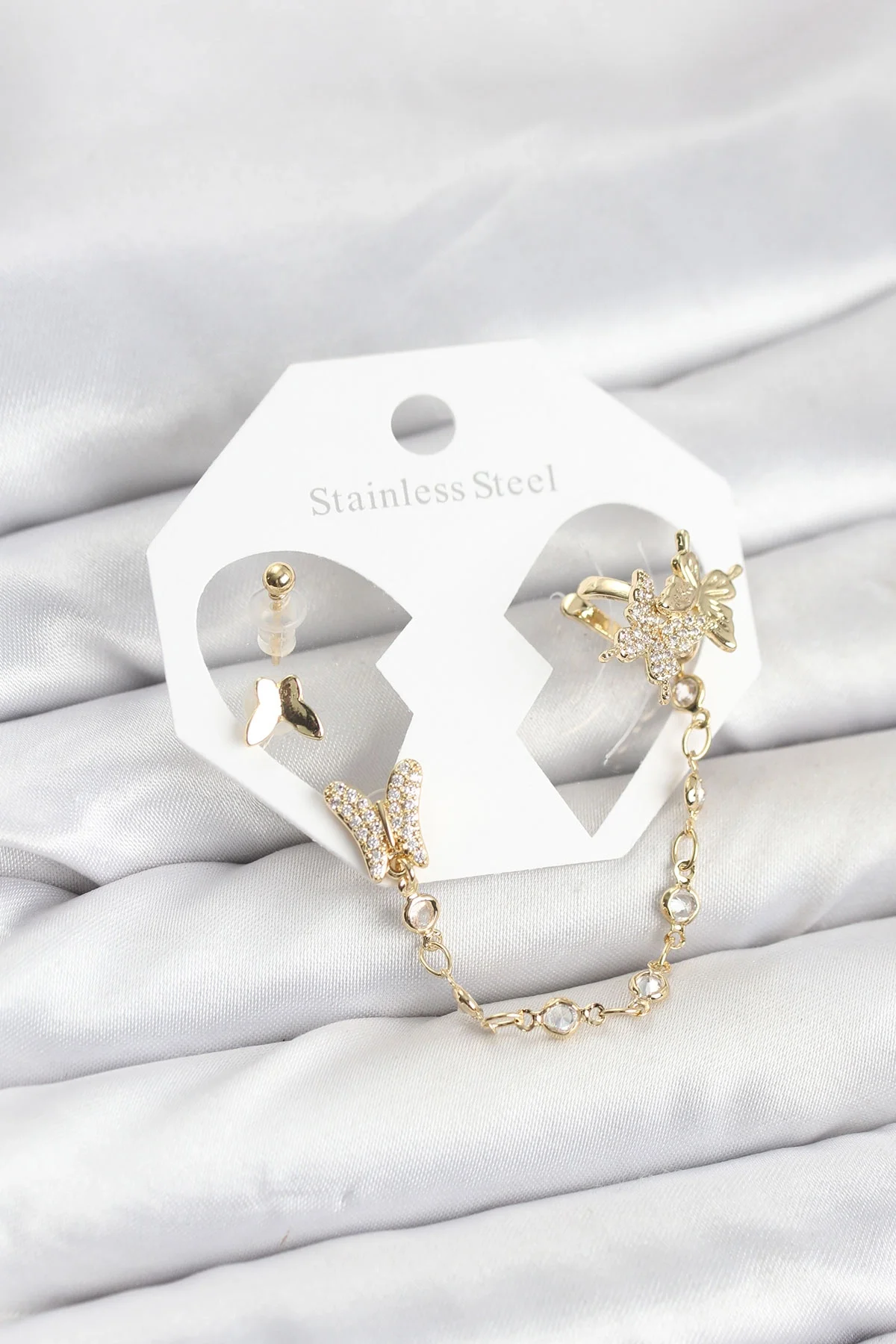 İthalat® Pirinç Gold Renk Kelebek Model Zincir Bağlantılı Ear Cuff Küpe Seti