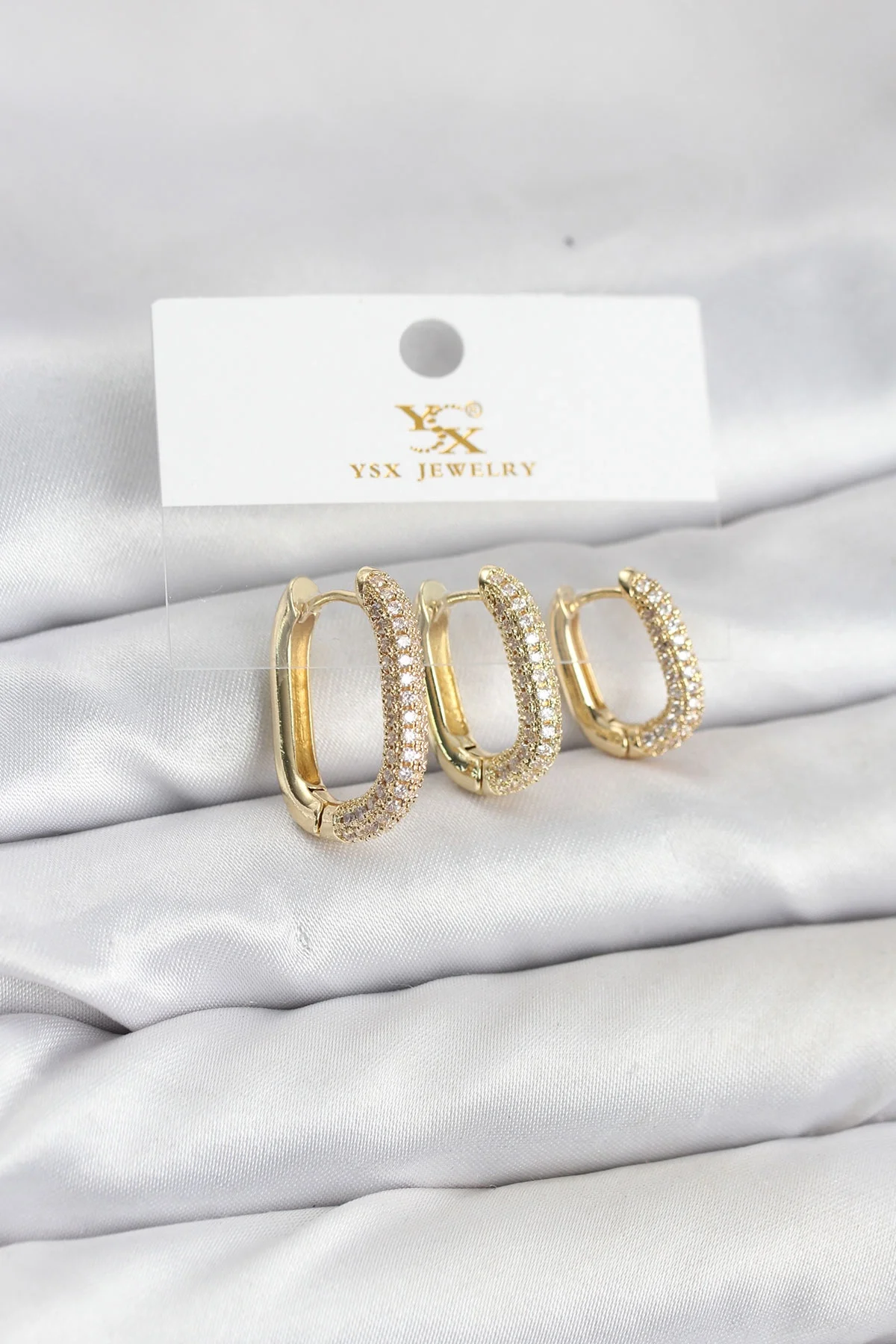 İthalat® Pirinç Gold Renk Zirkon Taşlı Halka Model YSX Trio Küpe Seti