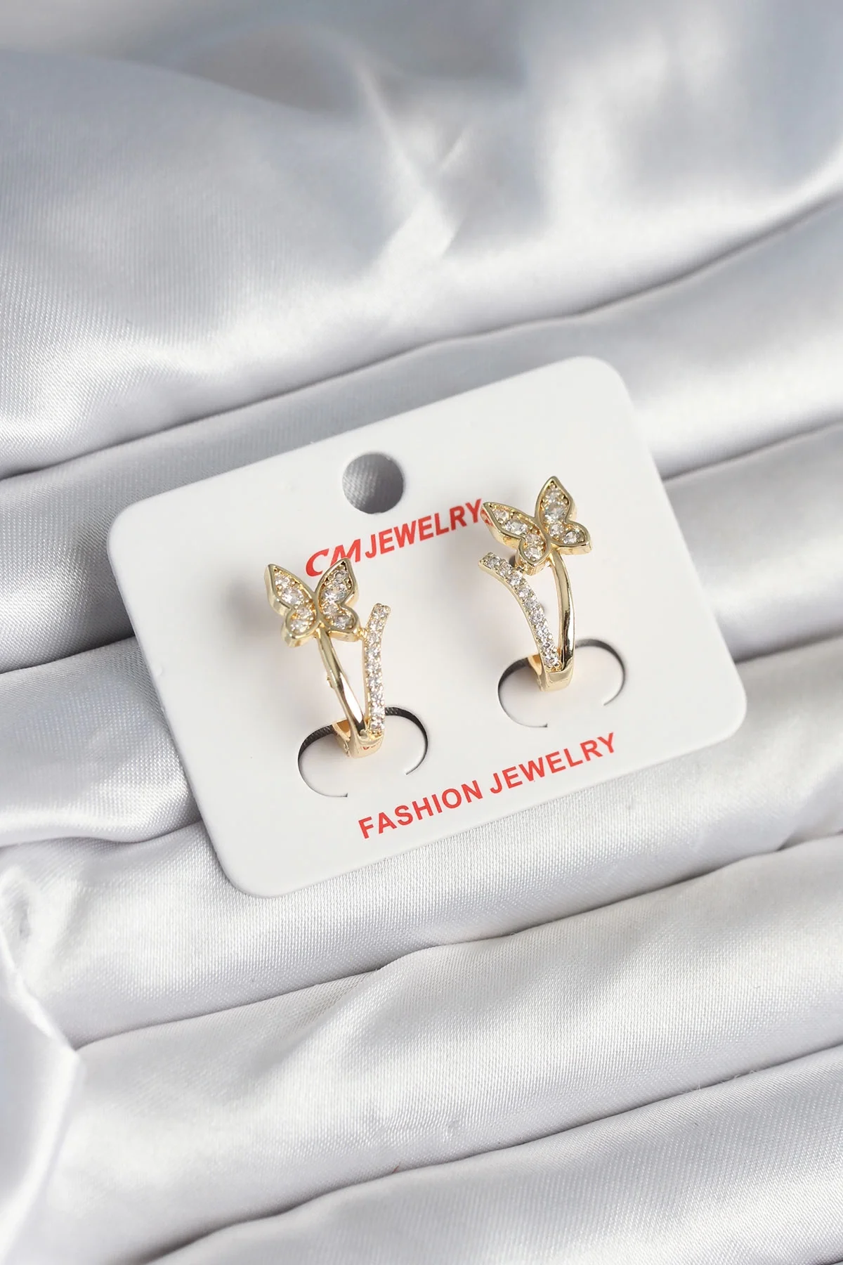 İthalat® Pirinç Gold Renk Zirkon Taşlı Kelebek Model Kadın Küpe