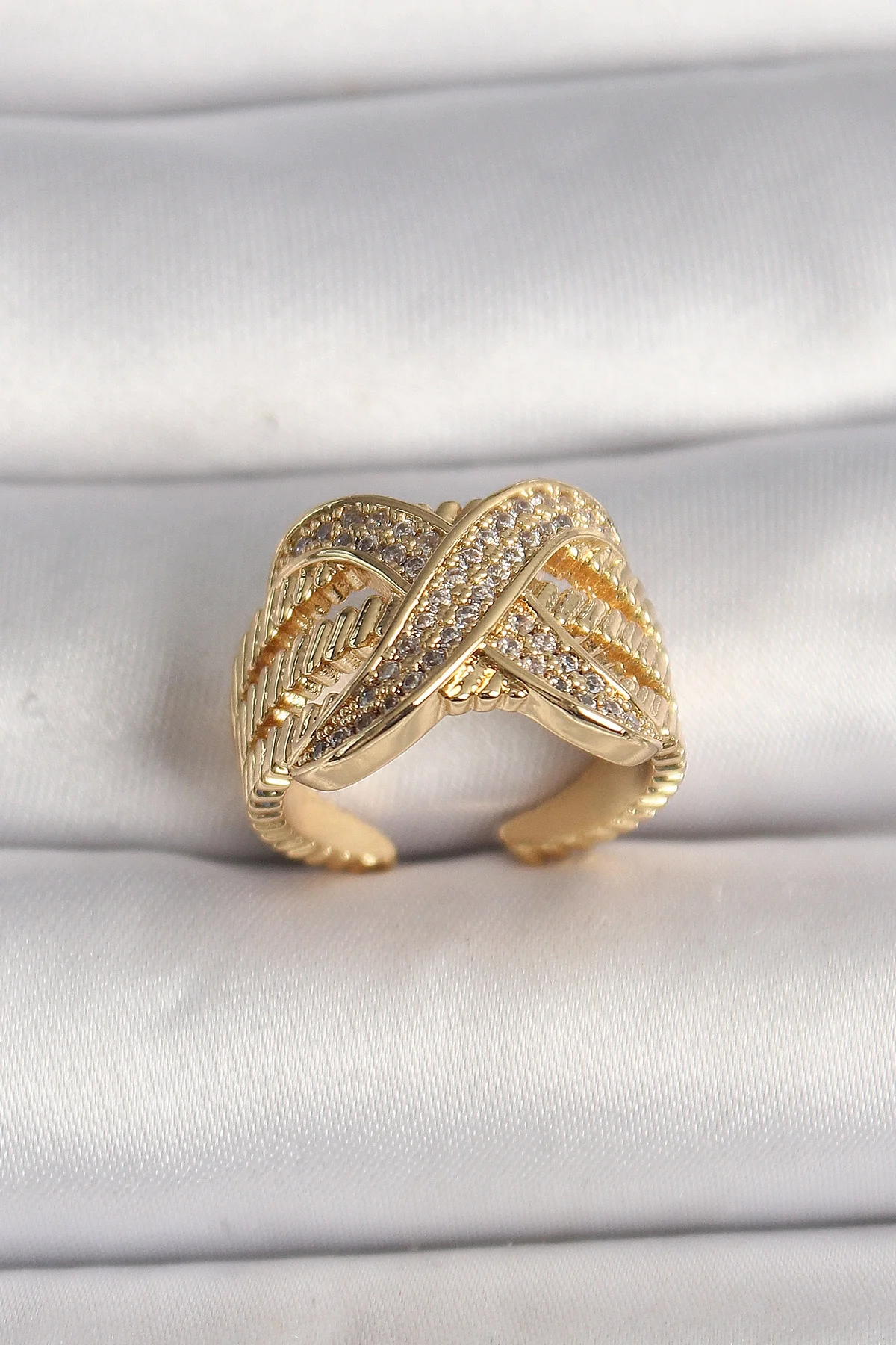 İthalat® Pirinç Gold Renk Ayarlanabilir Zirkon Taşlı X Model Kadın Yüzük