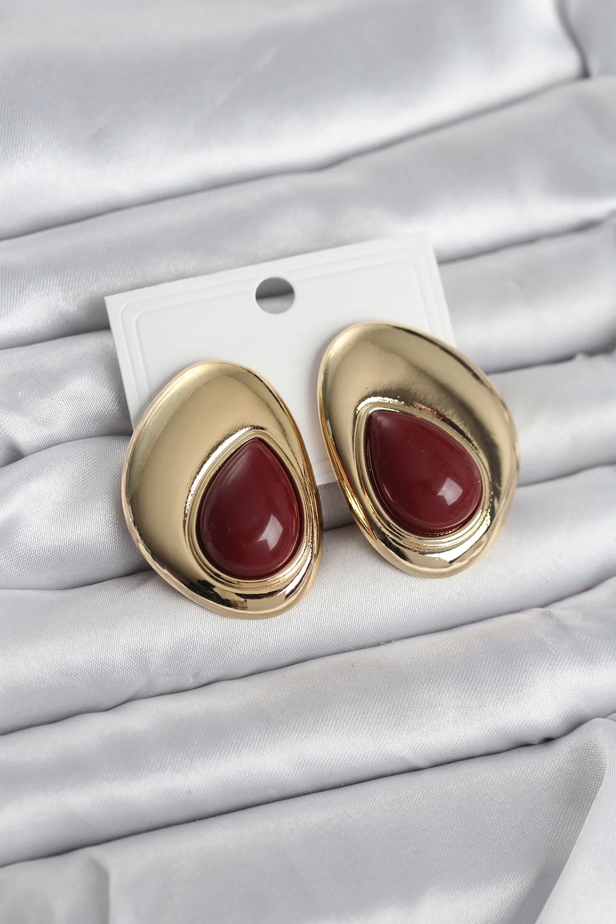 İthalat® Pirinç Gold Renk Bordo Taşlı Damla Model Vintage Kadın Küpe