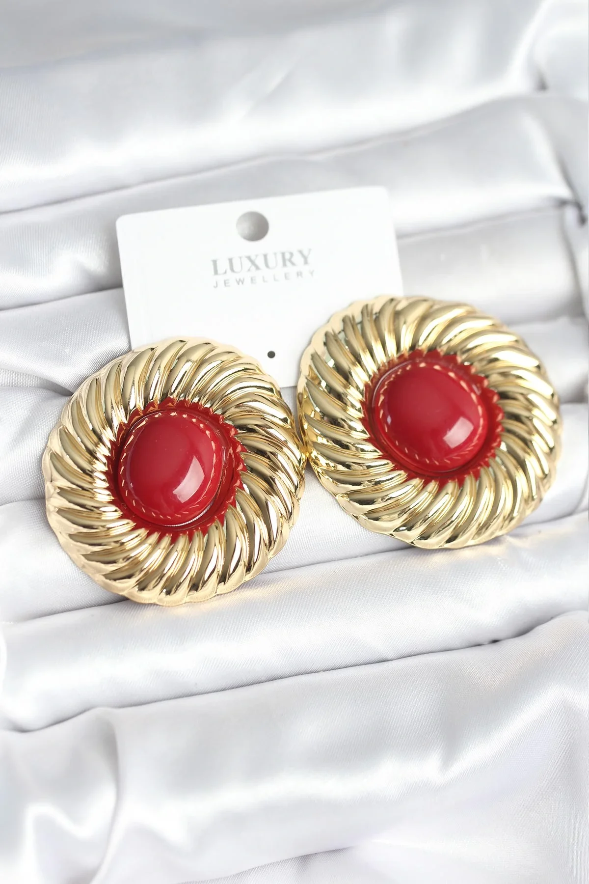 İthalat® Pirinç Gold Renk Bordo Boncuklu Vintage Kadın Küpe