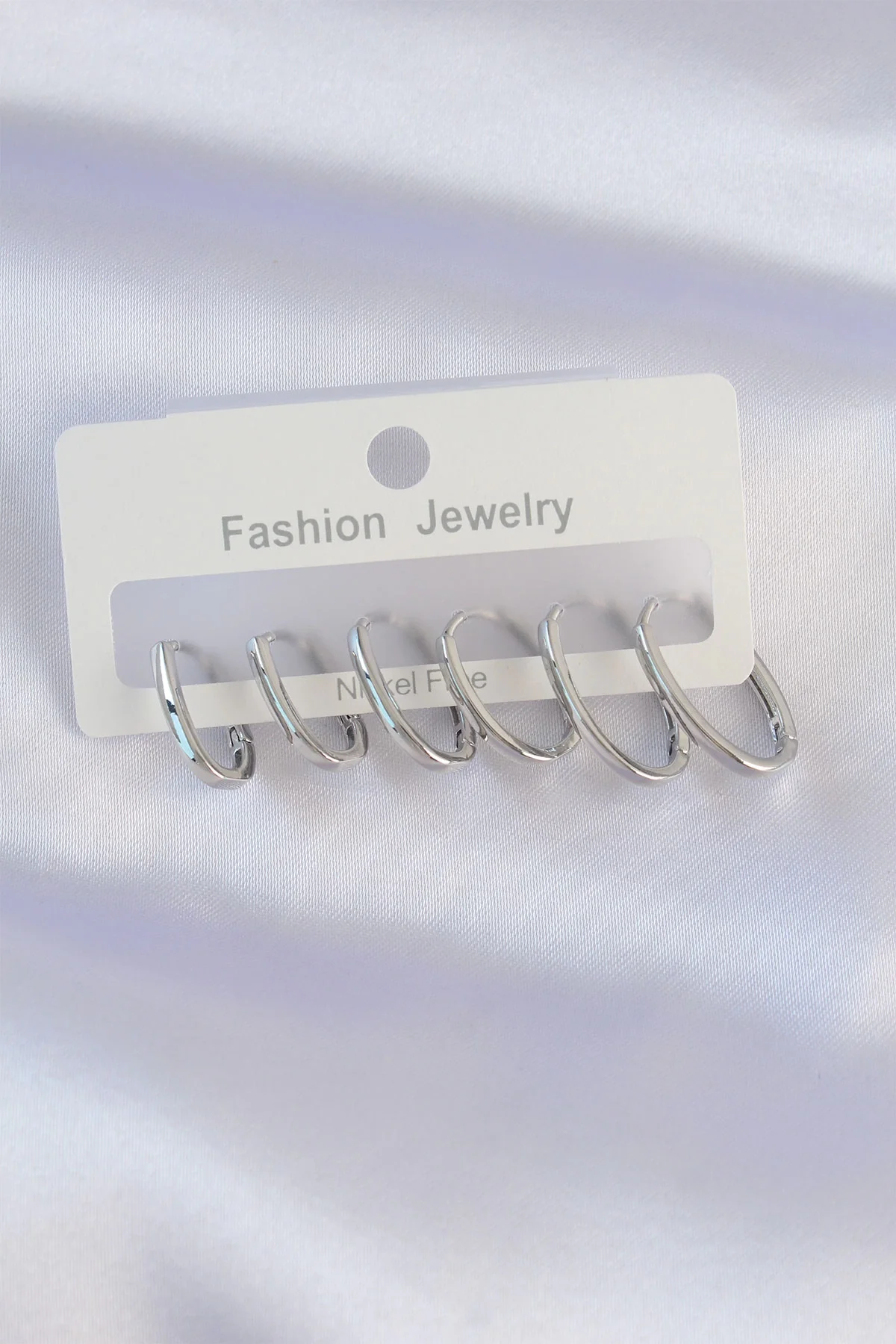 İthalat® Pirinç Gümüş Renk İnce Oval Küpe Seti