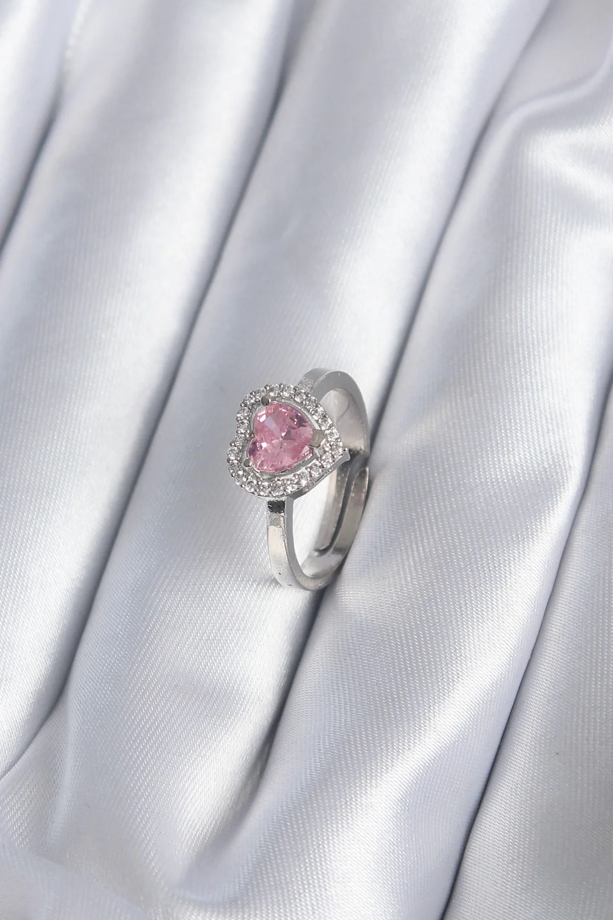 İthalat® Pirinç Gümüş Renk Pembe Zirkon Taşlı Charm Model Kadın Yüzük