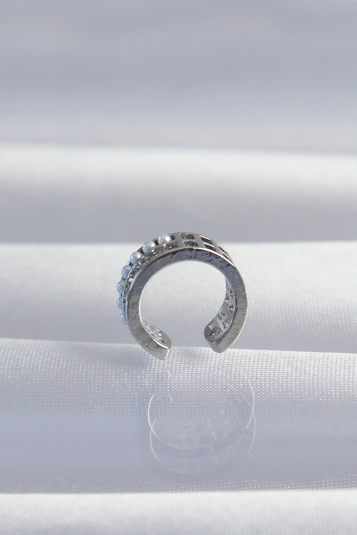 İthalat® Pirinç Gümüş Renk İncili Baget Taşlı Earcuff Küpe
