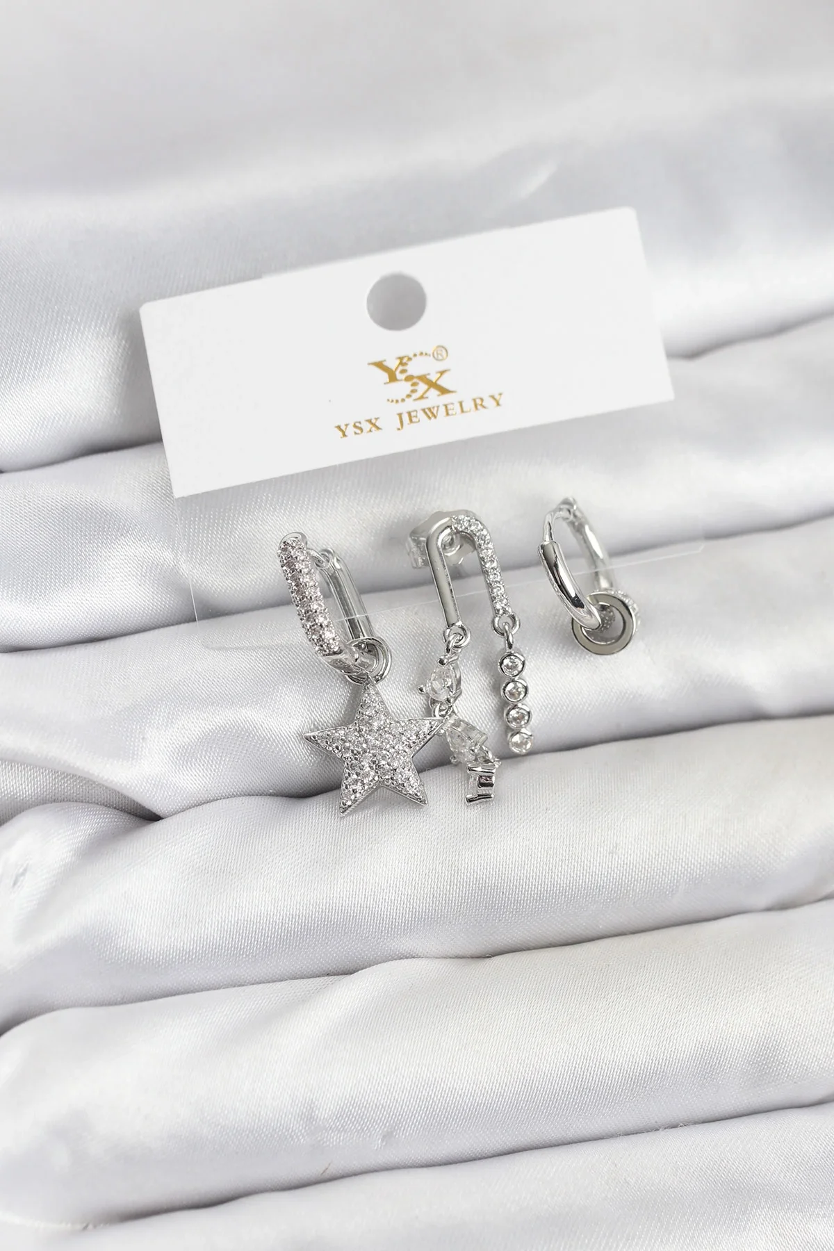 İthalat® Pirinç Gümüş Renk Zirkon Taşlı Yıldız Vintage Model YSX Trio Küpe Seti
