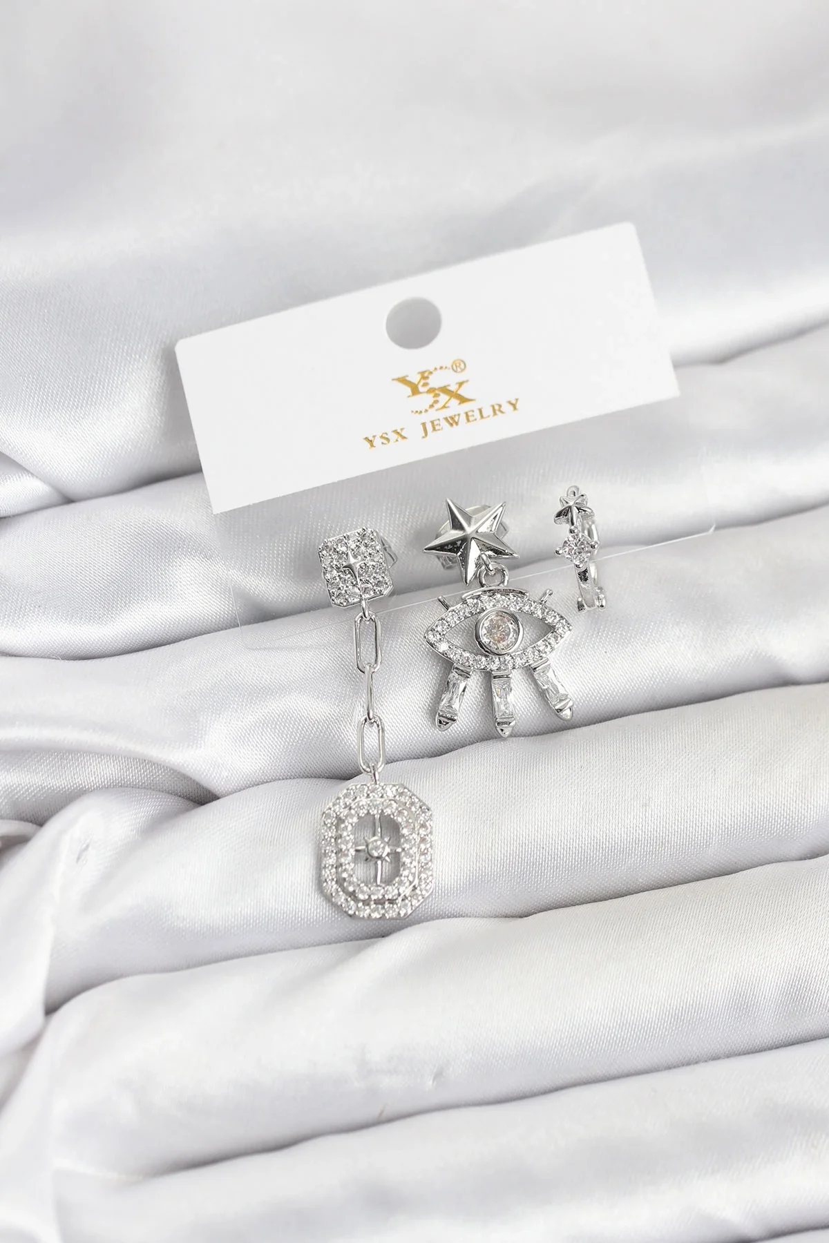 İthalat® Pirinç Gümüş Renk Göz ve Kutup Yıldızı Model YSX Trio Küpe Seti