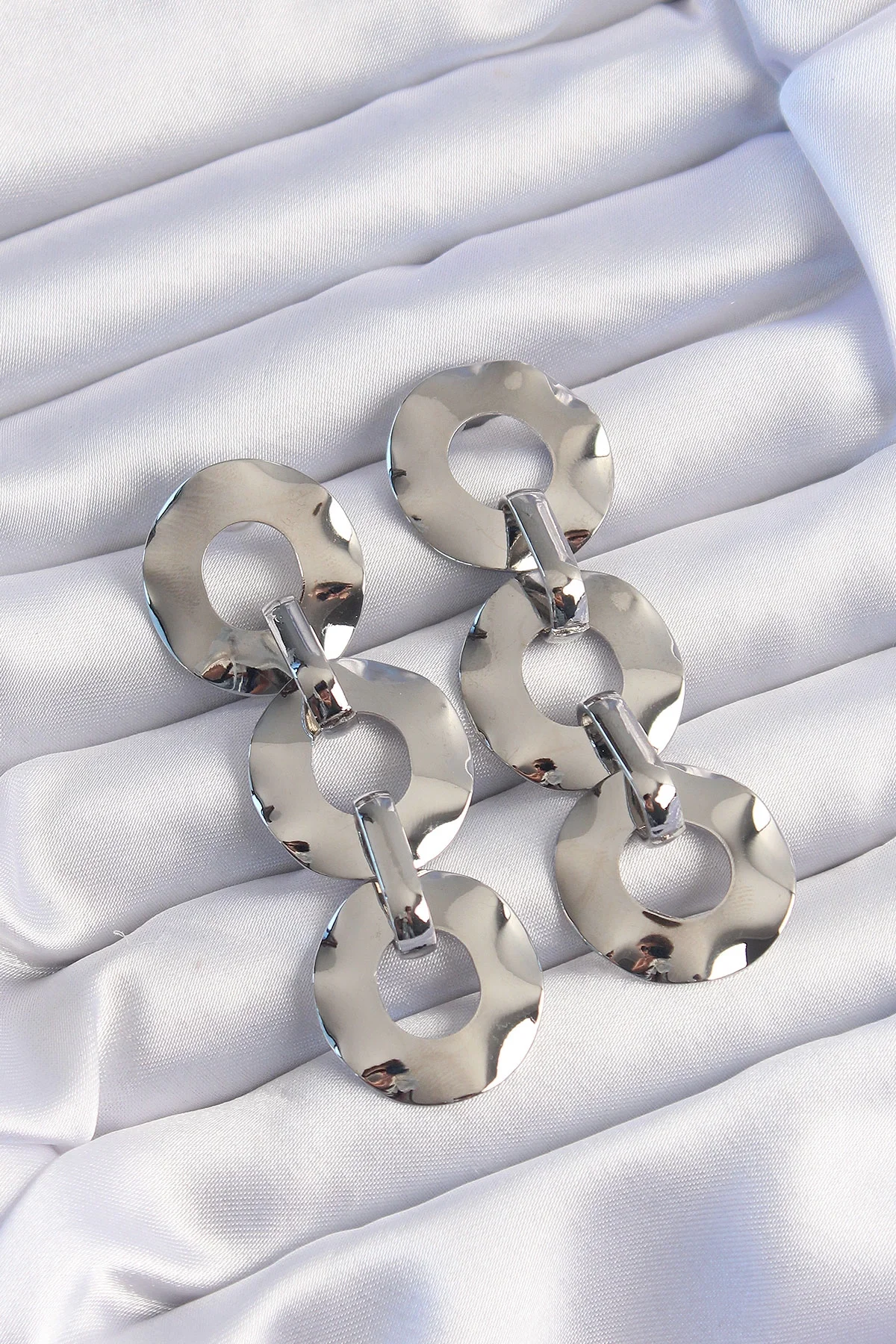 İthalat® Pirinç Gümüş Renk Oval Ayna Model Sallantılı Küpe