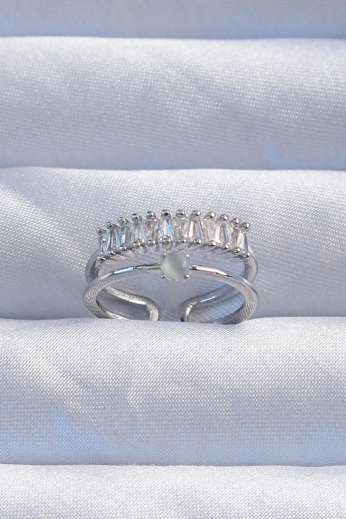 İthalat® Pirinç Gümüş Renk Sedefli Zirkon Taşlı Su Yolu Model 2li Görünüm Ayarlanabilir Yüzük