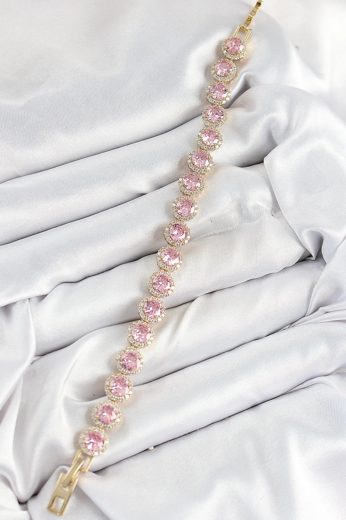 İthalat® Pirinç Pembe Zirkon Taşlı Daire Baget Model Gold Renk VIP Seri Kadın Bileklik