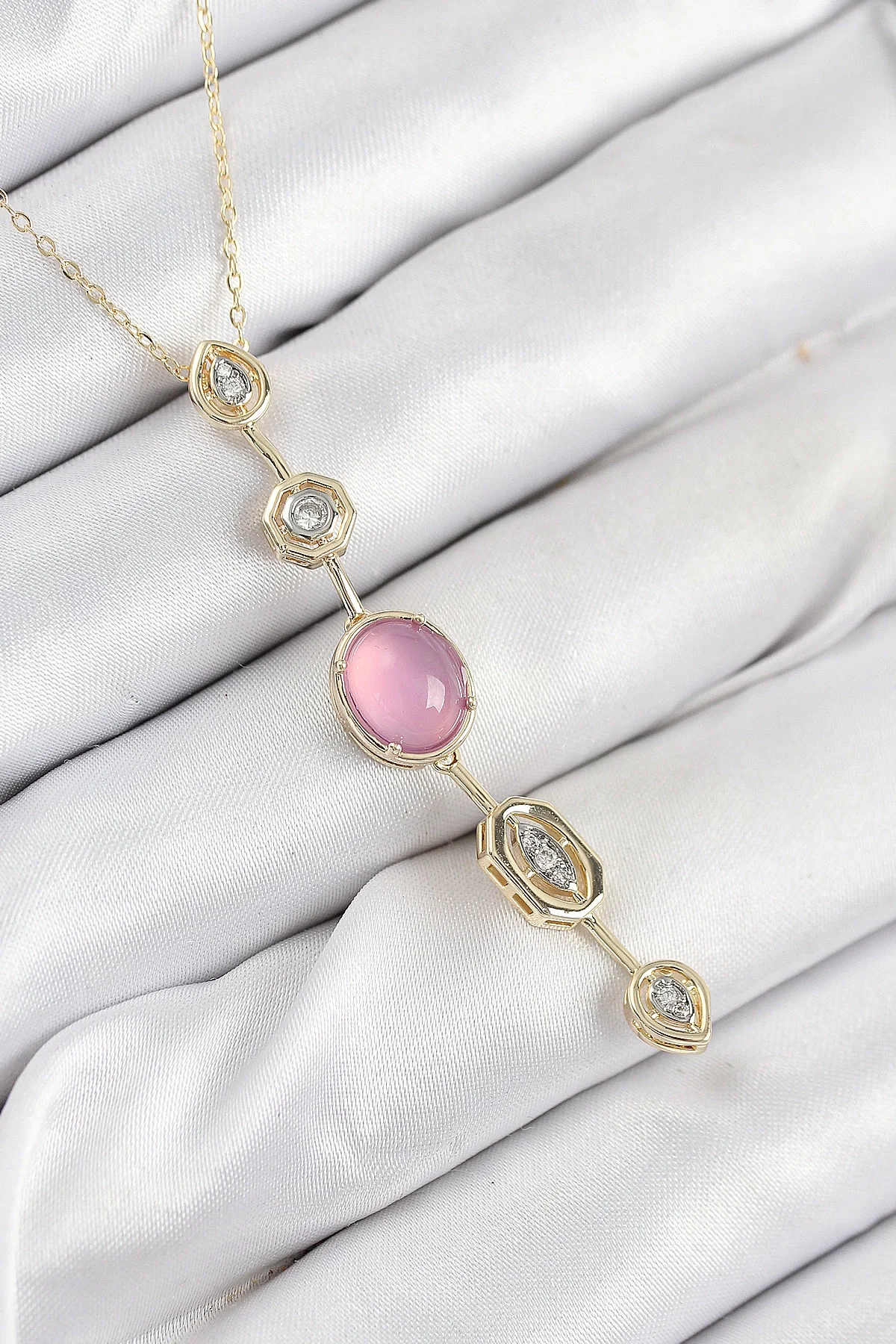 İthalat® Pirinç Zincir Pembe Gold Renk Zirkon Taşlı Y Kolye