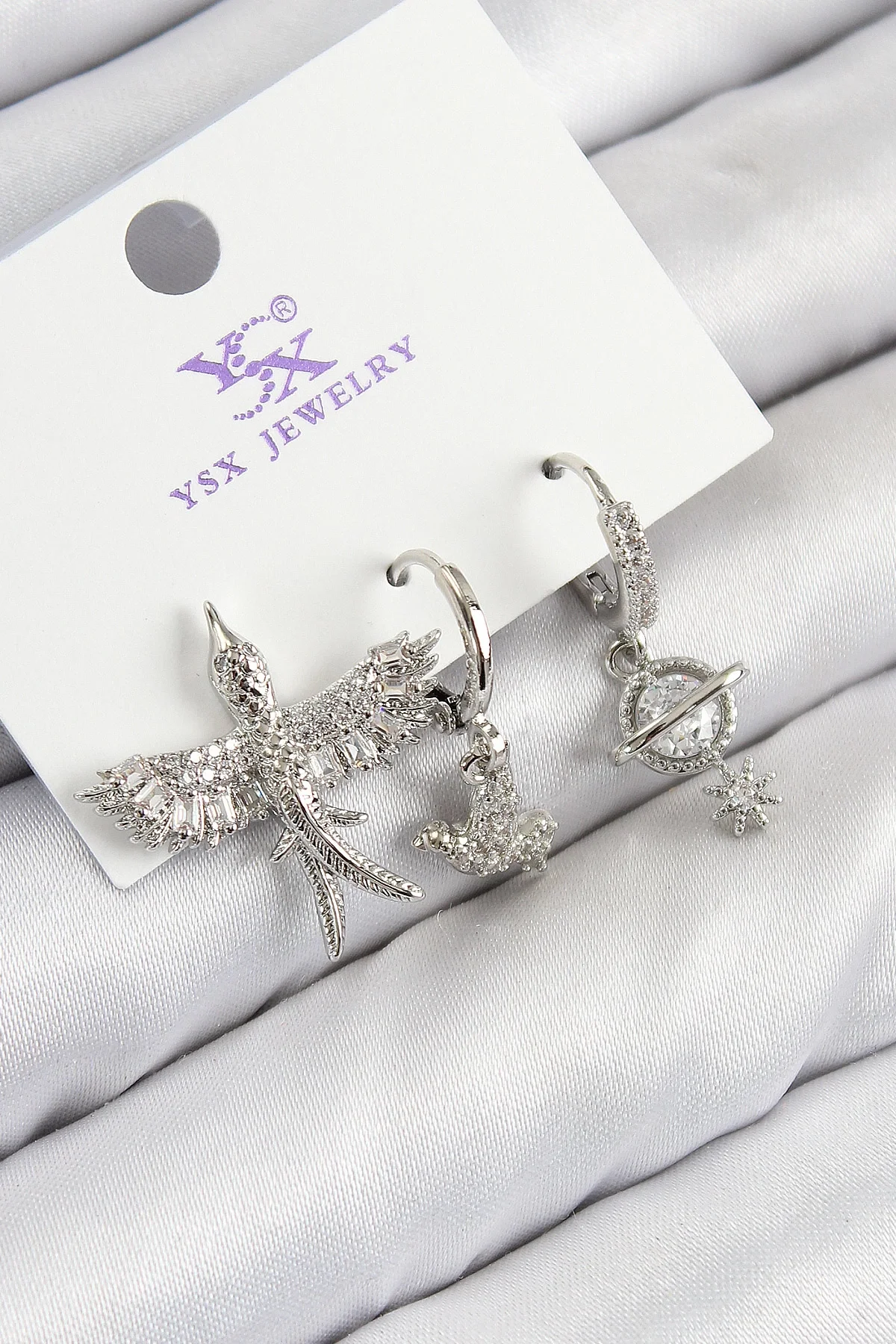 İthalat® Pirinç Zirkon Taşlı 3'lü Kuş Model Gümüş Renk Kadın Küpe